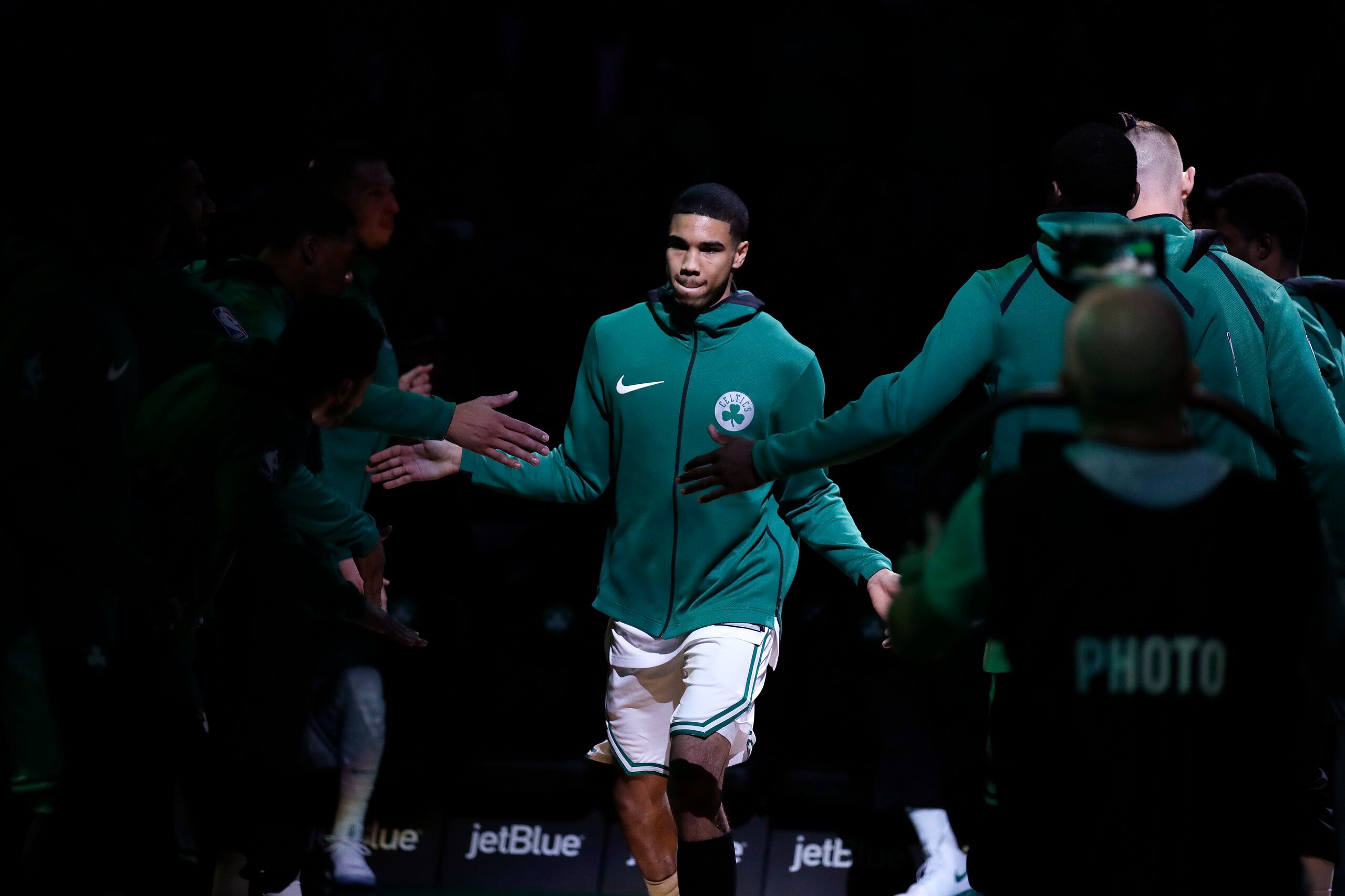 Jayson Tatum is introduced to Boston Celtics fans before a game vs. the Milwaukee Bucks, on the second night of Tatum's first back-to-back set of games.