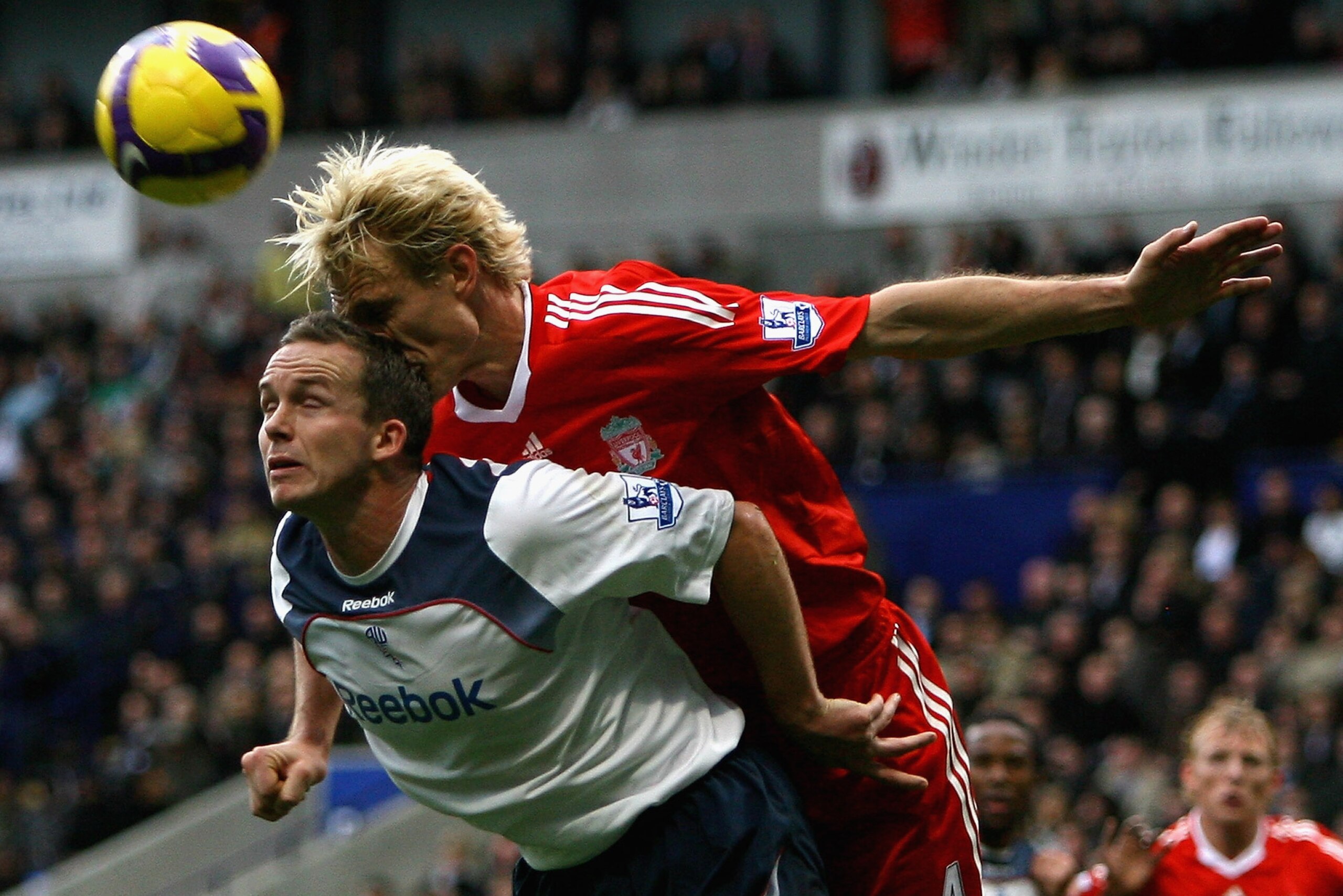 BOLTON, UNITED KINGDOM - NOVEMBER 15:  Kevin Davies of Bolton Wanderers in action with Sami Hyypia of Liverpool during the Barclays Premier League match between Bolton Wanderers and Liverpool at The Reebok Stadium on November 15, 2008 in Bolton, England. 