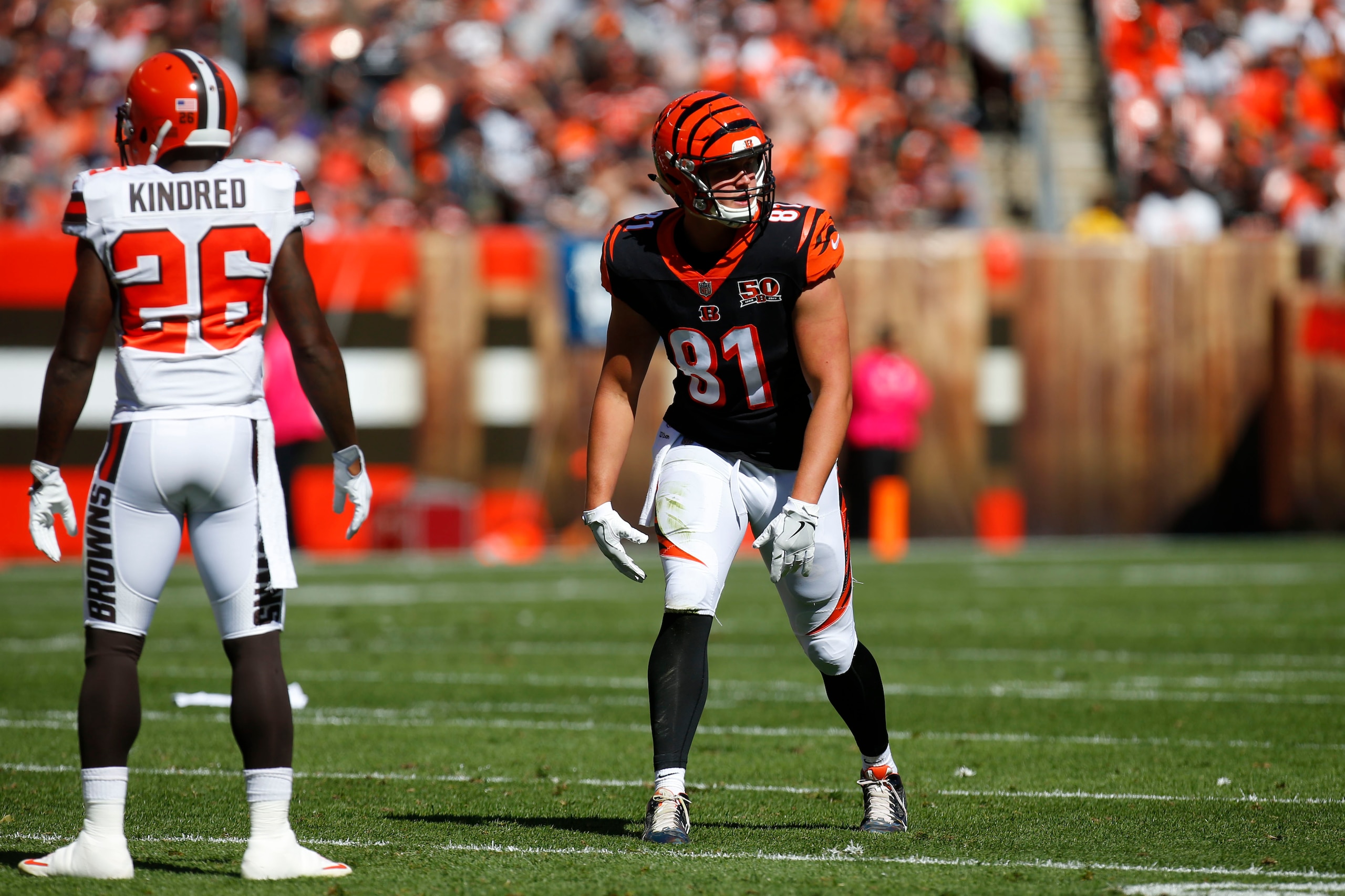 CLEVELAND, OH - OCTOBER 01: Tyler Kroft #81 of the Cincinnati Bengals lines up before a play in the first half against the Cleveland Browns  at FirstEnergy Stadium on October 1, 2017 in Cleveland, Ohio. (Photo by Justin Aller /Getty Images)
