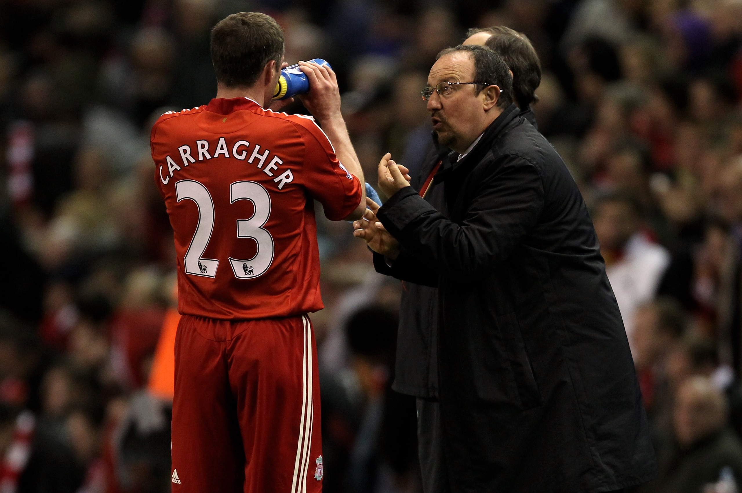 LIVERPOOL, ENGLAND - APRIL 19:  Liverpool Manager Rafael Benitez issues instructions to Jamie Carragher during the Barclays Premier League match between Liverpool and West Ham United at Anfield on April 19, 2010 in Liverpool, England.  (Photo by Alex Live