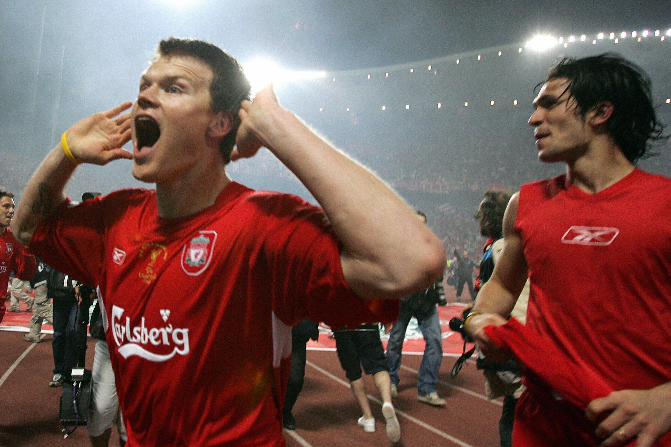 Istanbul, Turkey:  Liverpool's Norwegian defender John Arne Riise (L) and Spanish midfielder Luis Garcia celebrate after winning on penalties at the UEFA Champions league football final AC Milan vs Liverpool, 25 May 2005 at the Ataturk Stadium in Istanbul