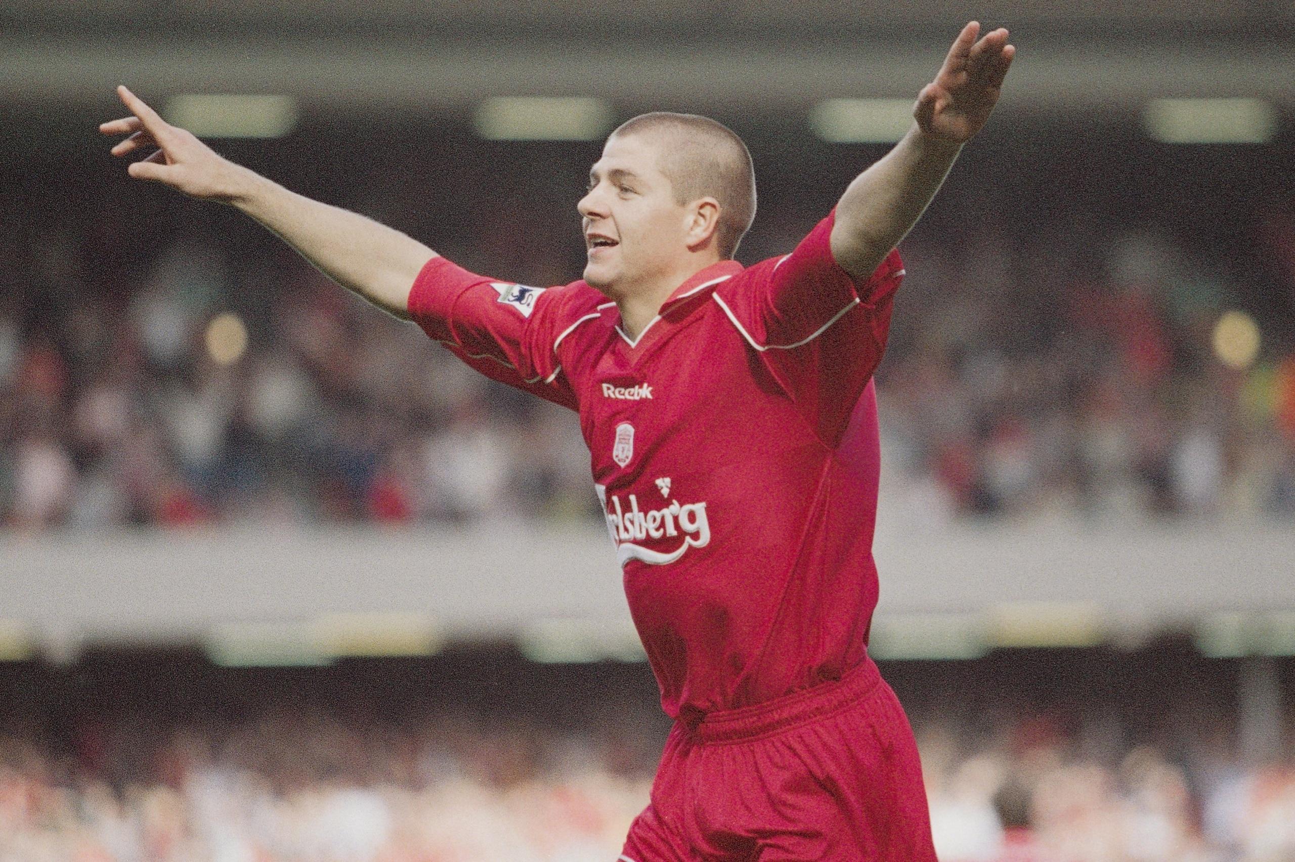 8 Sep 2001:  Steven Gerrard of Liverpool celebrates his goal during the FA Barclaycard Premiership match against Aston Villa played at Anfield in Liverpool, England. Aston Villa won the game 3-1. \ Mandatory Credit: Alex Livesey /Allsport