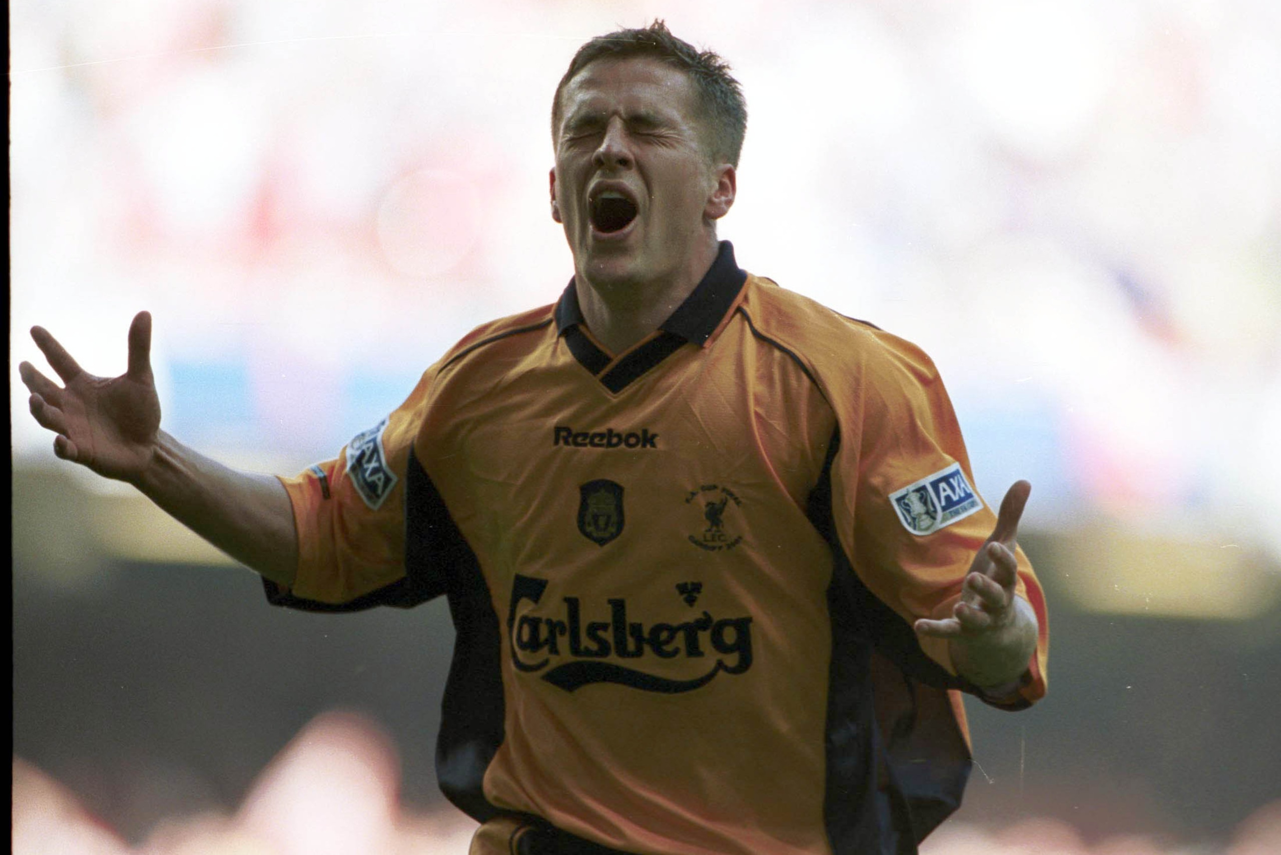 12 May 2001:  Michael Owen celebrates after scoring the second goal for Liverpool during the AXA sponsored 2001 FA Cup Final between Arsenal v Liverpool at the Millennium Stadium, Cardiff Mandatory Credit: Stu Forster/ALLSPORT