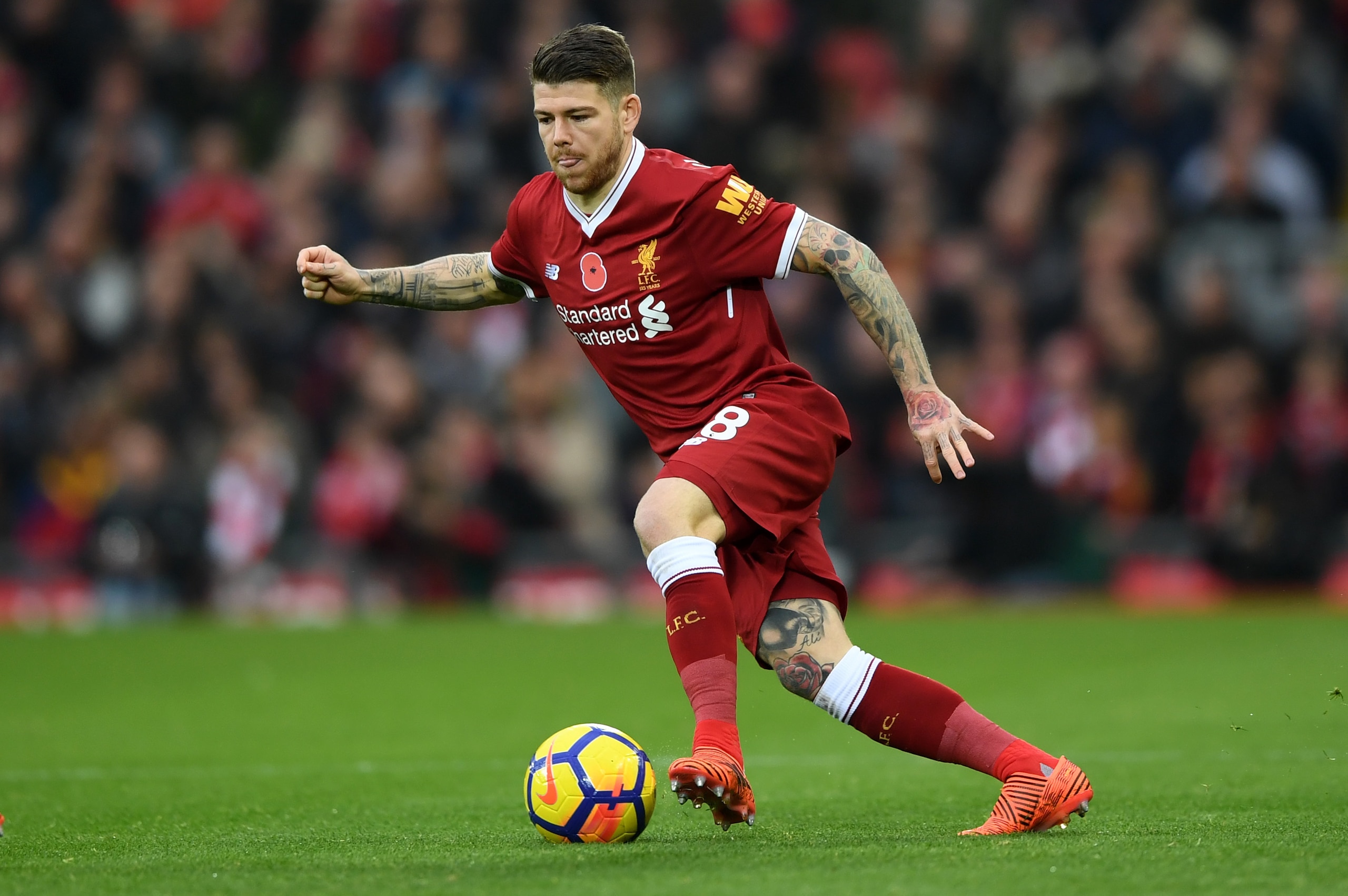 LIVERPOOL, ENGLAND - OCTOBER 28:  Alberto Moreno of Liverpool during the Premier League match between Liverpool and Huddersfield Town at Anfield on October 28, 2017 in Liverpool, England.  (Photo by Gareth Copley/Getty Images)