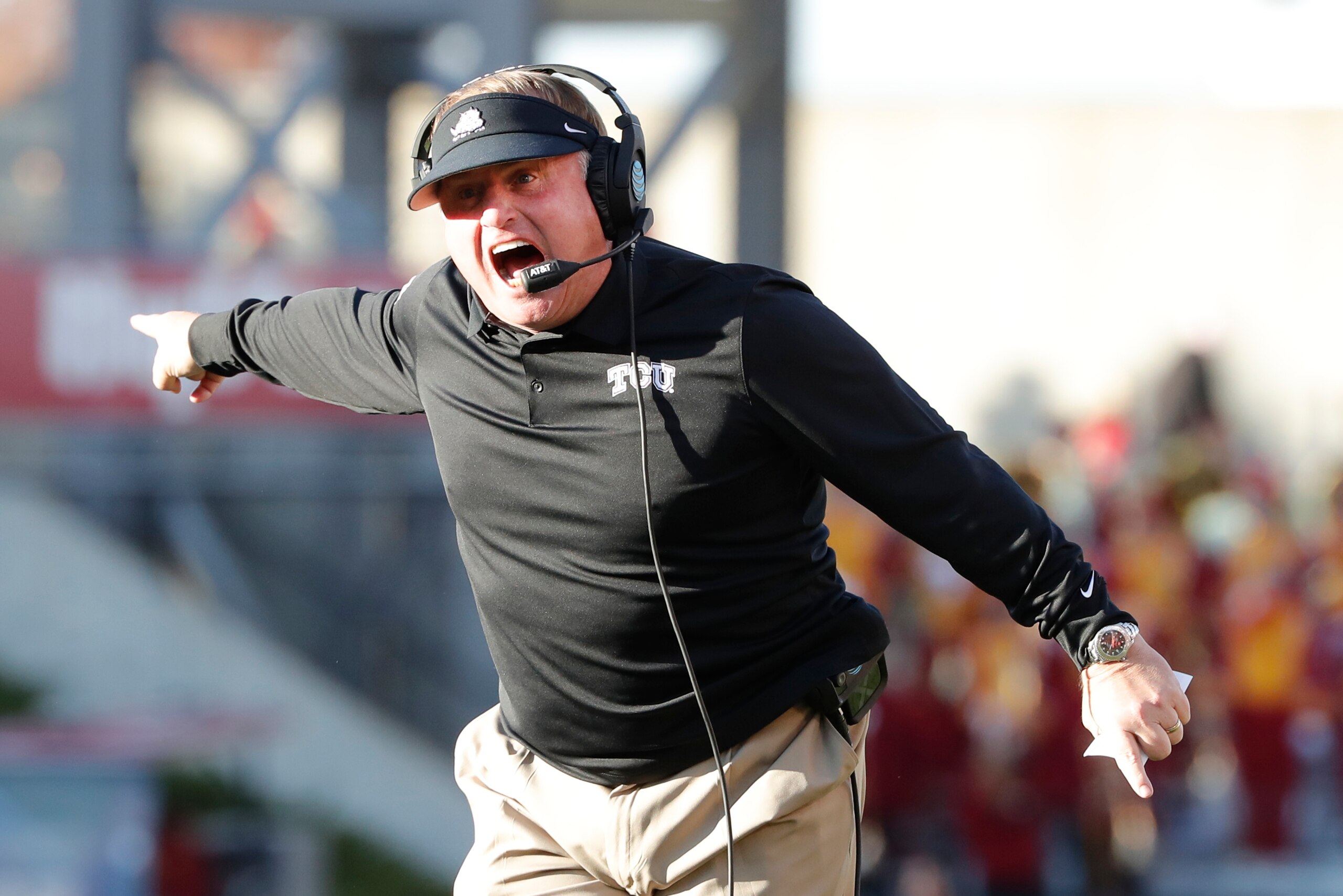 AMES, IA - OCTOBER 28: Head coach Gary Patterson of the TCU Horned Frogs argues a call by the referee in the second half of play at Jack Trice Stadium on October 28, 2017 in Ames, Iowa. The Iowa State Cyclones won 14-7 over the TCU Horned Frogs. (Photo by