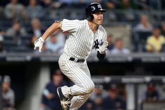 NEW YORK, NY - SEPTEMBER 18:  Jacoby Ellsbury #22 of the New York Yankees runs to first in the bottom of the eighth inning against the Minnesota Twins on September 18, 2017 at Yankee Stadium in the Bronx borough of New York City. (Photo By Christopher Pas