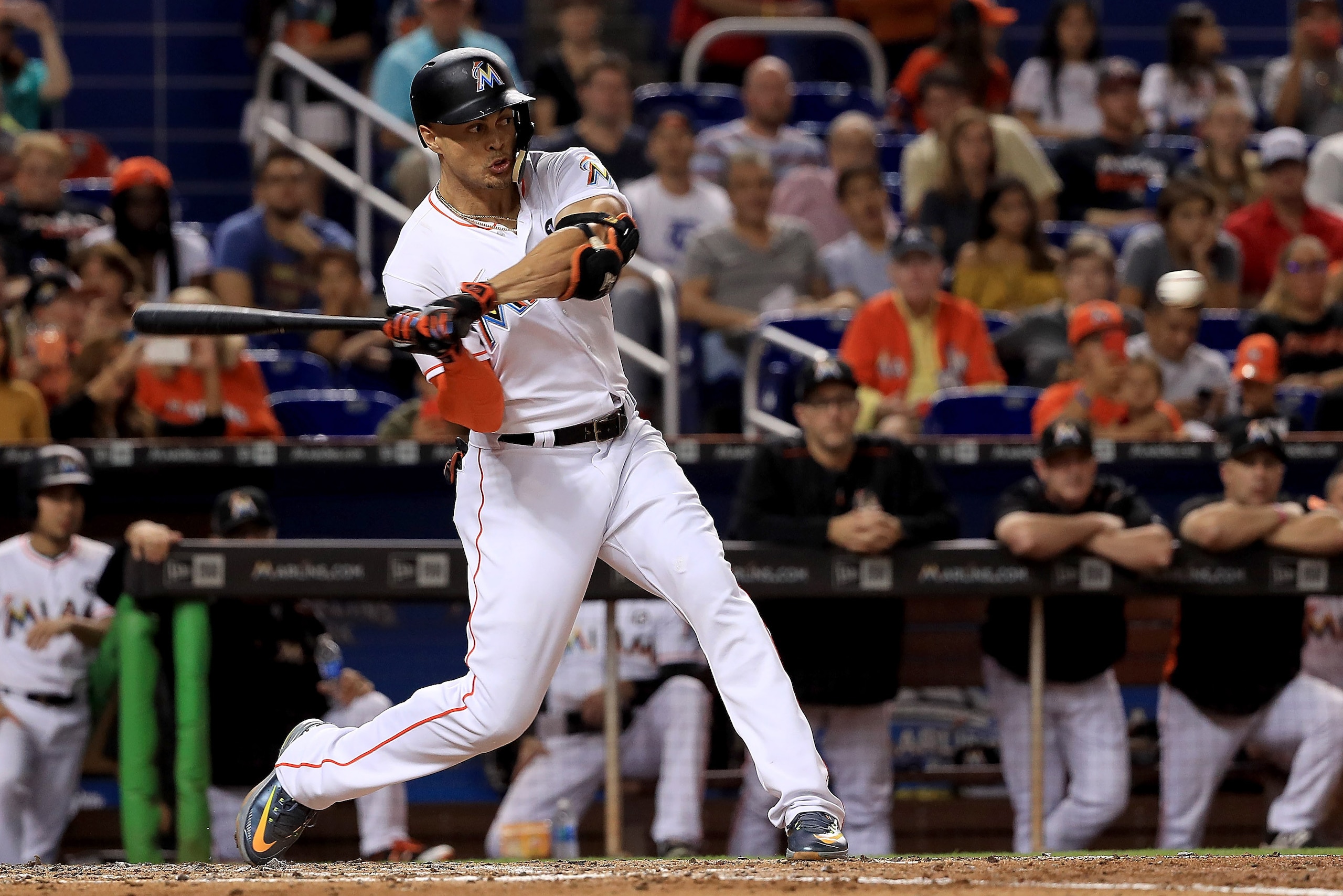 MIAMI, FL - SEPTEMBER 30: Giancarlo Stanton #27 of the Miami Marlins hits during a game against the Atlanta Braves at Marlins Park on September 30, 2017 in Miami, Florida.  (Photo by Mike Ehrmann/Getty Images)