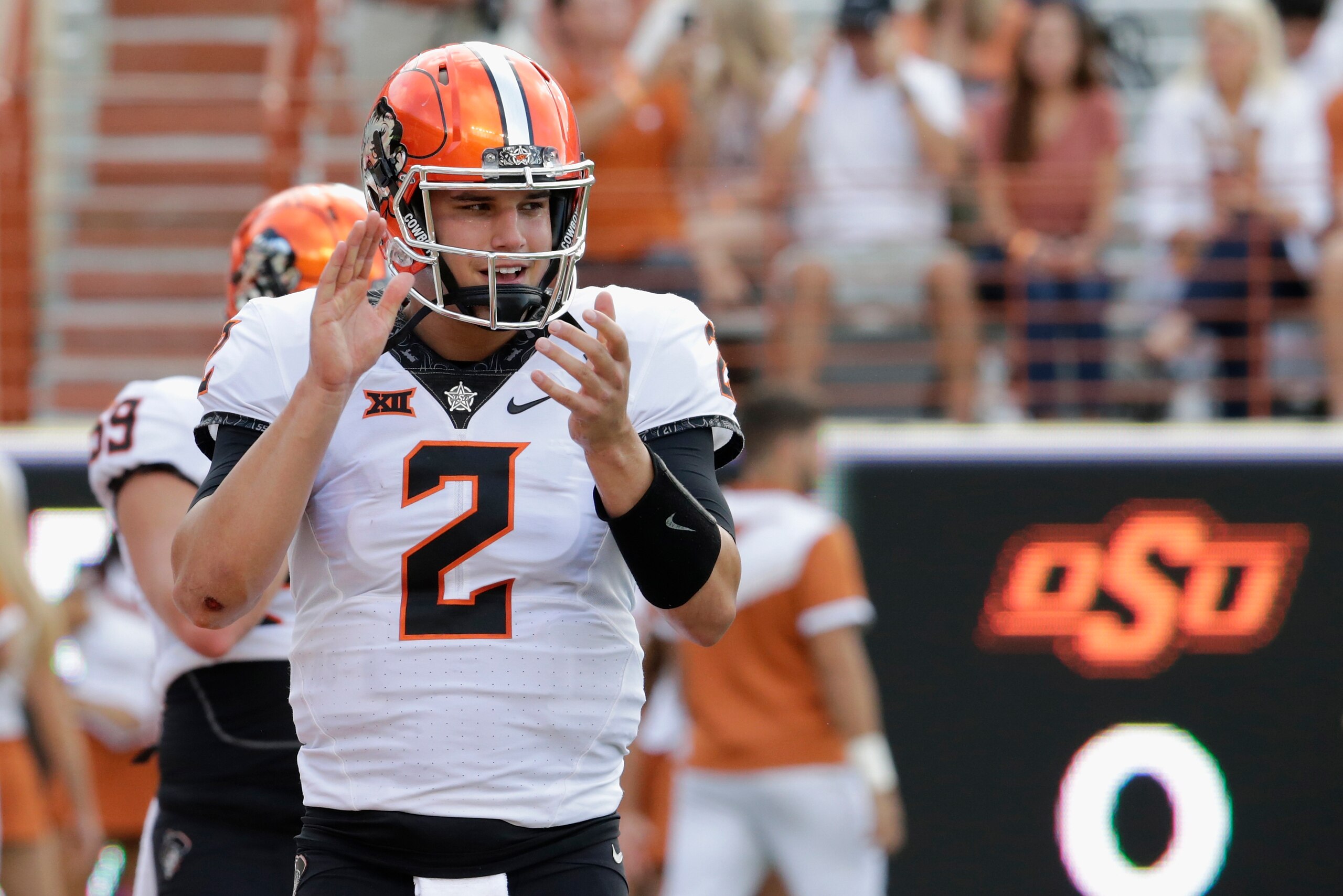 AUSTIN, TX - OCTOBER 21: Mason Rudolph #2 of the Oklahoma State Cowboys warms up before the game against the Texas Longhorns at Darrell K Royal-Texas Memorial Stadium on October 21, 2017 in Austin, Texas. (Photo by Tim Warner/Getty Images)