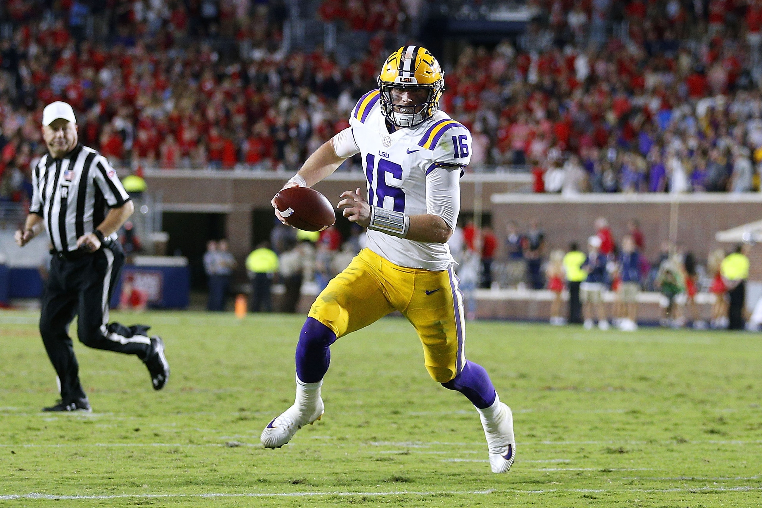 OXFORD, MS - OCTOBER 21:  Danny Etling #16 of the LSU Tigers runs with the ball during a game against the Mississippi Rebels at Vaught-Hemingway Stadium on October 21, 2017 in Oxford, Mississippi.  (Photo by Jonathan Bachman/Getty Images)