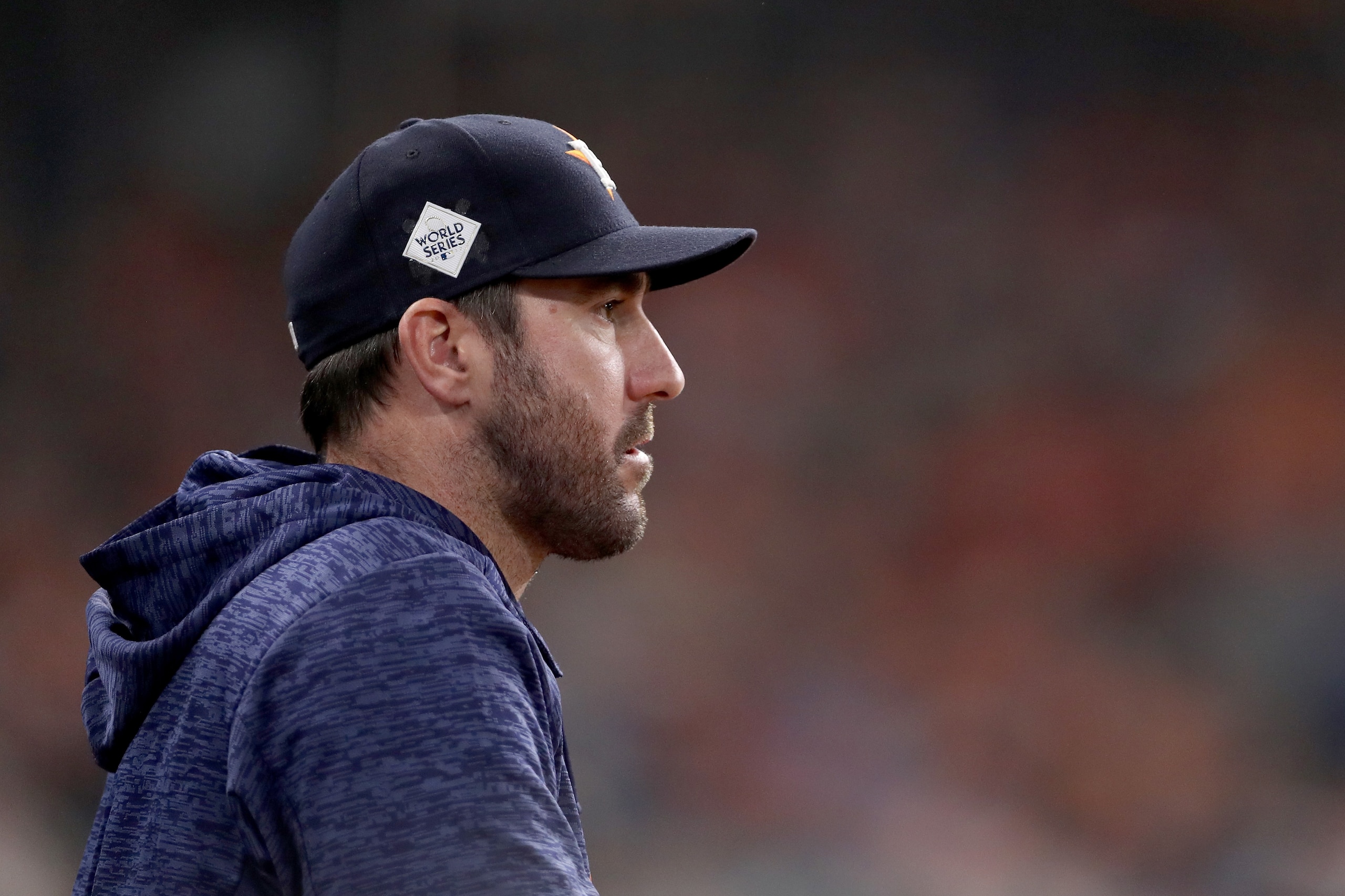 HOUSTON, TX - OCTOBER 29: Justin Verlander #35 of the Houston Astros looks on in game five of the 2017 World Series against the Los Angeles Dodgers at Minute Maid Park on October 29, 2017 in Houston, Texas.  (Photo by Christian Petersen/Getty Images)