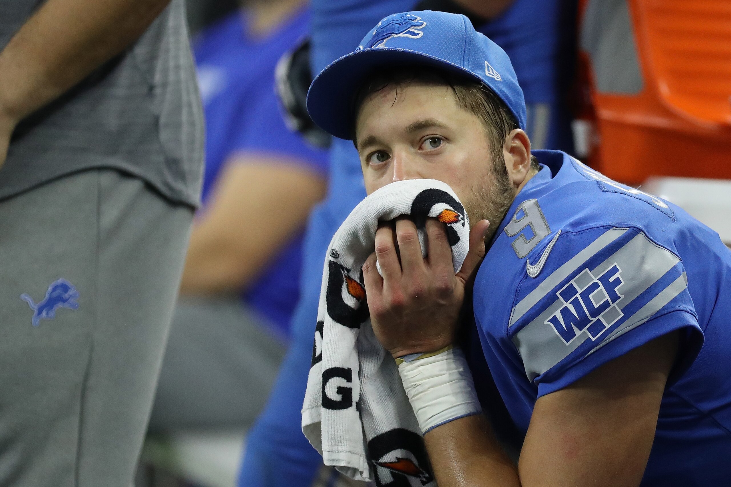 DETROIT, MI - OCTOBER 29: Quarterback Matthew Stafford #9 of the Detroit Lions sits on the bench during the final minutes against the Pittsburgh Steelers during the fourth quarter at Ford Field on October 29, 2017 in Detroit, Michigan. Pittsburgh defeated