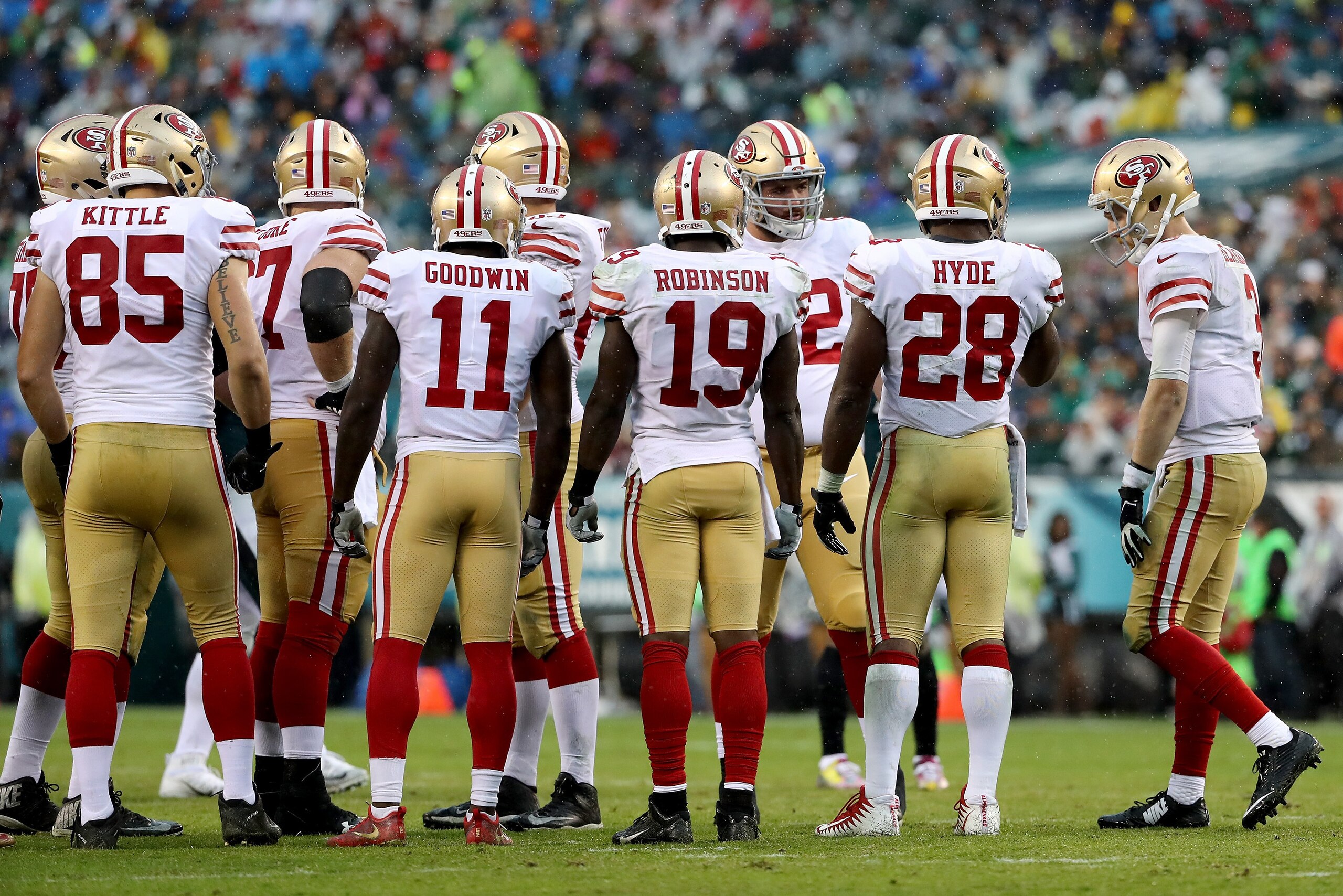 PHILADELPHIA, PA - OCTOBER 29:  C.J. Beathard #3 of the San Francisco 49ers heads to the huddle in the second half against the Philadelphia Eagles on October 29, 2017  at Lincoln Financial Field in Philadelphia, Pennsylvania.  (Photo by Elsa/Getty Images)