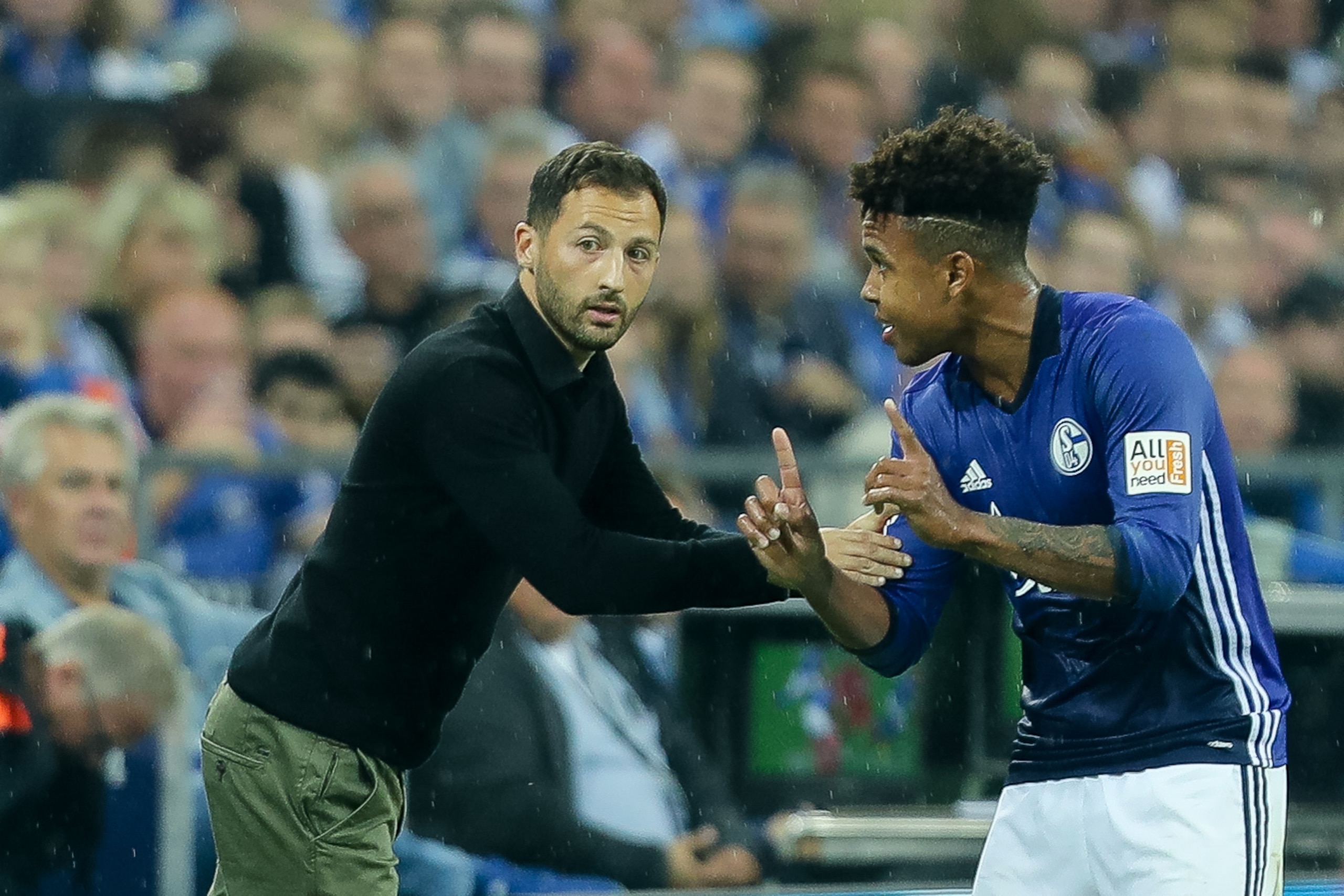 GELSENKIRCHEN, GERMANY - SEPTEMBER 29: Head coach Domenico Tedesco of Schalke speak with Weston McKennie of Schalke during the Bundesliga match between FC Schalke 04 and Bayer 04 Leverkusen at Veltins-Arena on September 29, 2017 in Gelsenkirchen, Germany.
