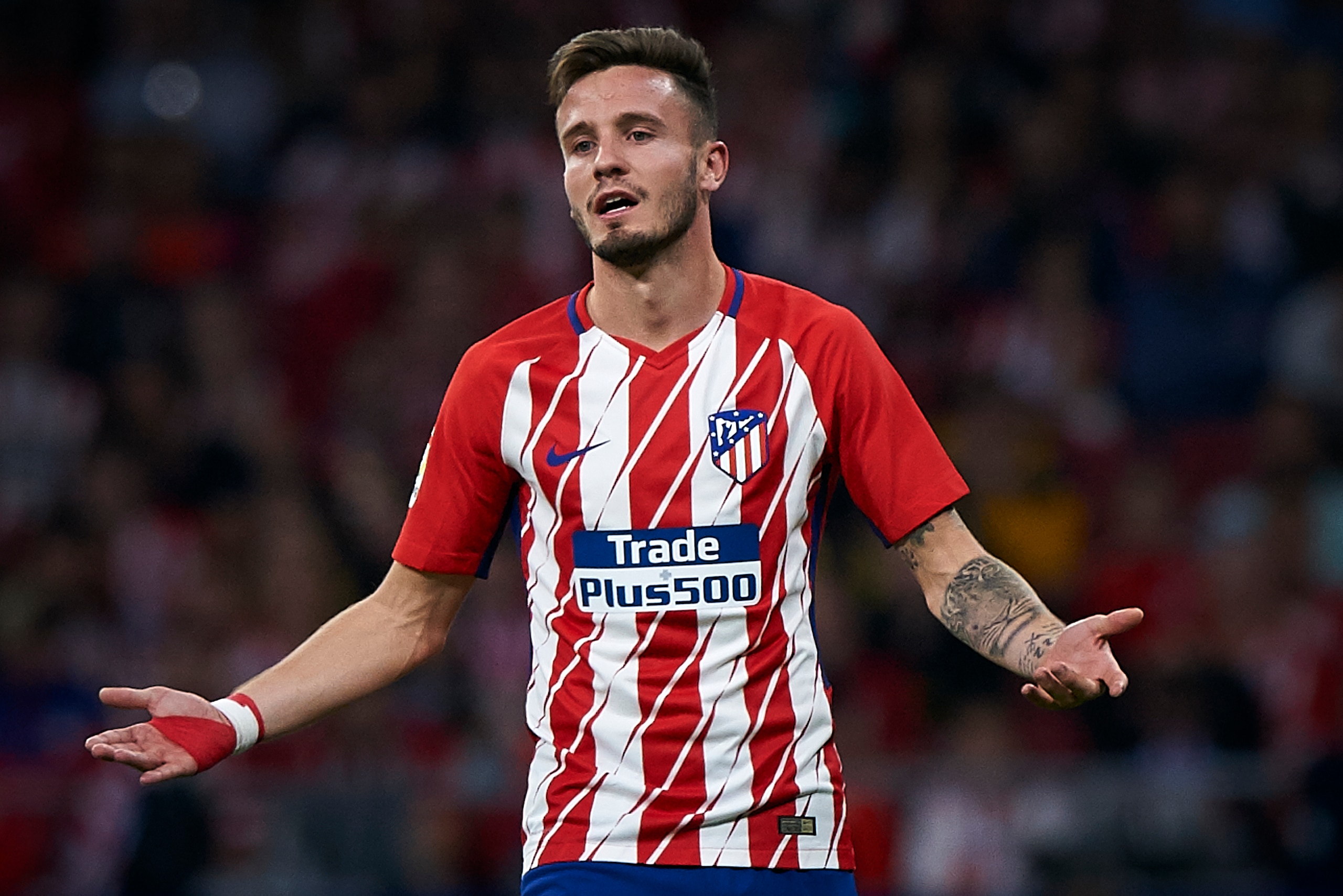 MADRID, SPAIN - OCTOBER 28:  Saul Niguez of Atletico Madrid reacts during the La Liga match between Atletico Madrid and Villarreal at Estadio Wanda Metropolitano on October 28, 2017 in Madrid, Spain.  (Photo by fotopress/Getty Images)