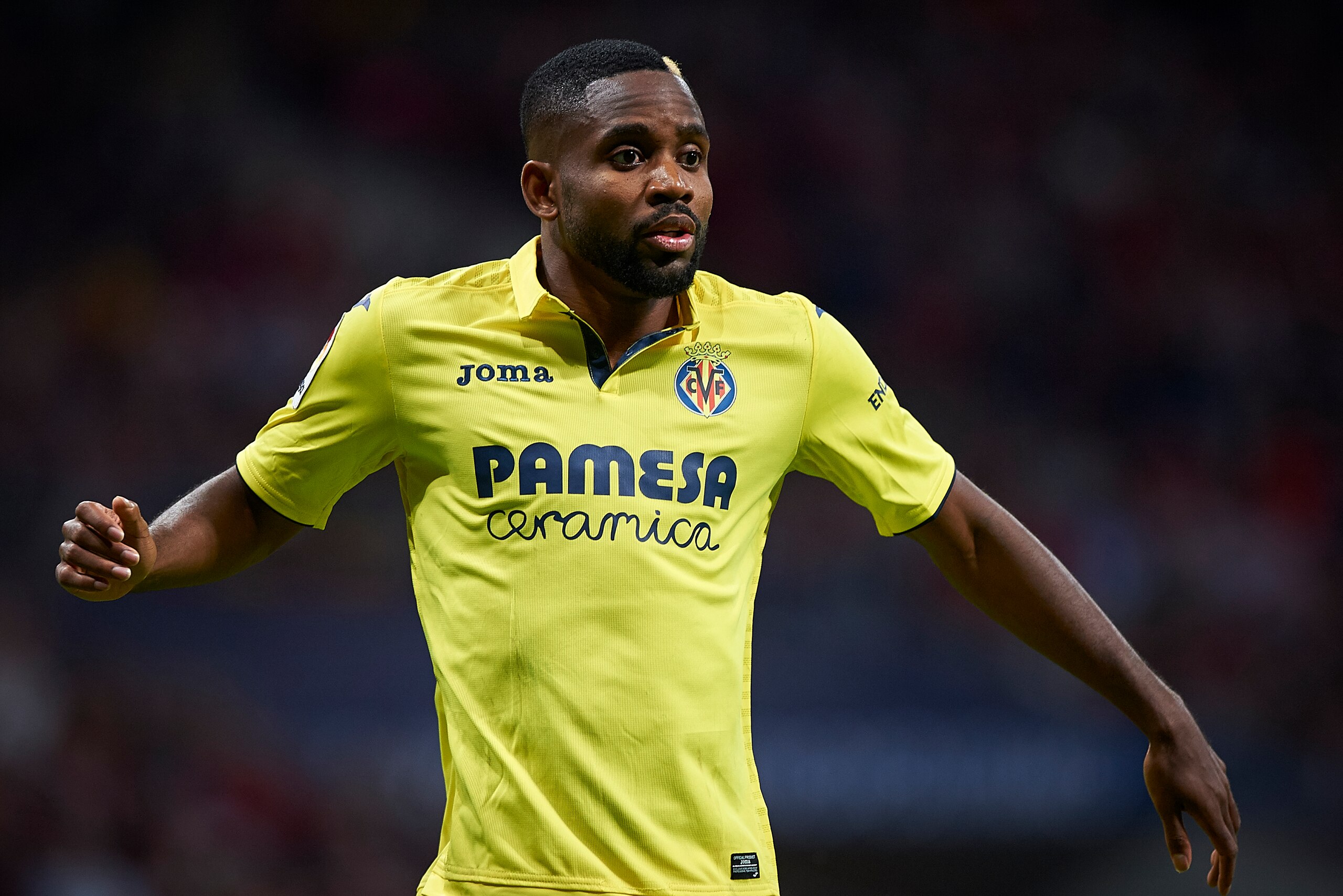 MADRID, SPAIN - OCTOBER 28:  Cedric Bakambu of Villarreal reacts during the La Liga match between Atletico Madrid and Villarreal at Estadio Wanda Metropolitano on October 28, 2017 in Madrid, Spain.  (Photo by fotopress/Getty Images)