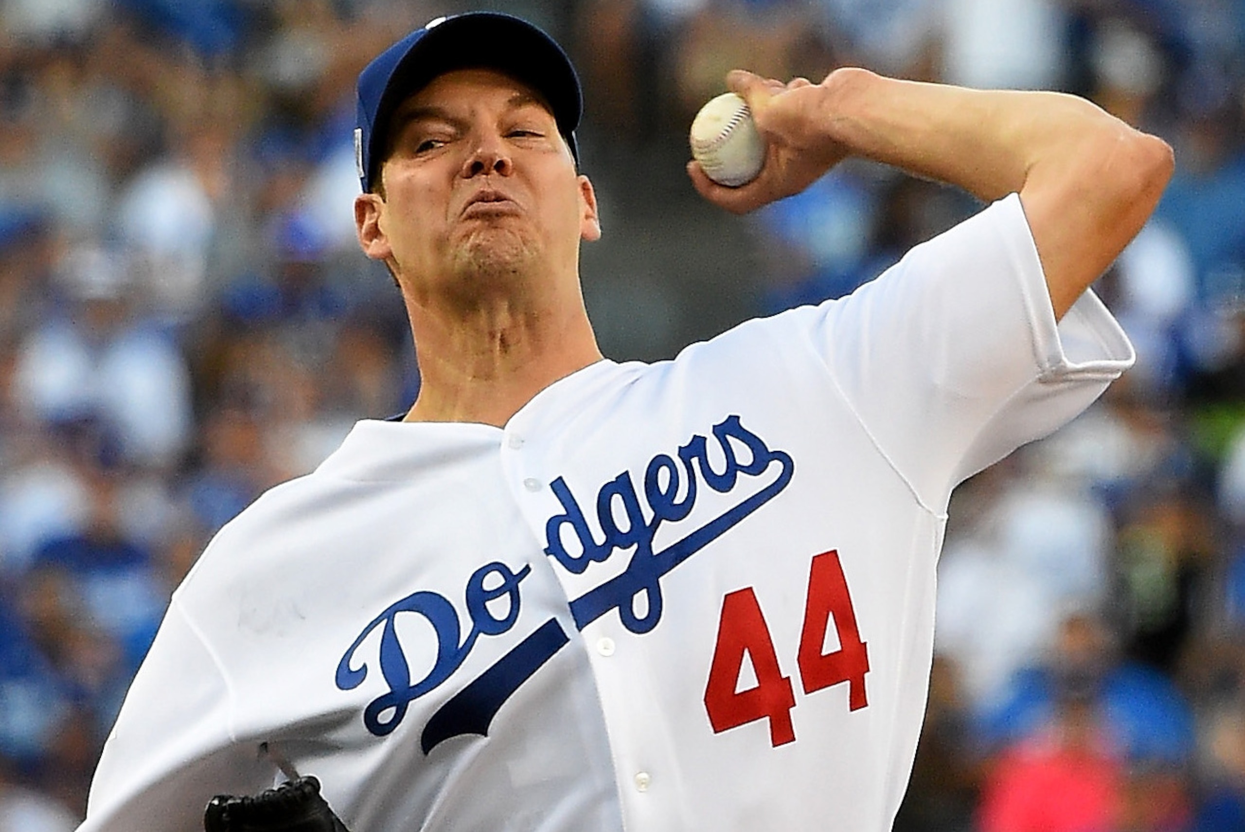 LOS ANGELES, CA - OCTOBER 25:  Rich Hill #44 of the Los Angeles Dodgers throws a pitch during the first inning against the Houston Astros in game two of the 2017 World Series at Dodger Stadium on October 25, 2017 in Los Angeles, California.  (Photo by Jay