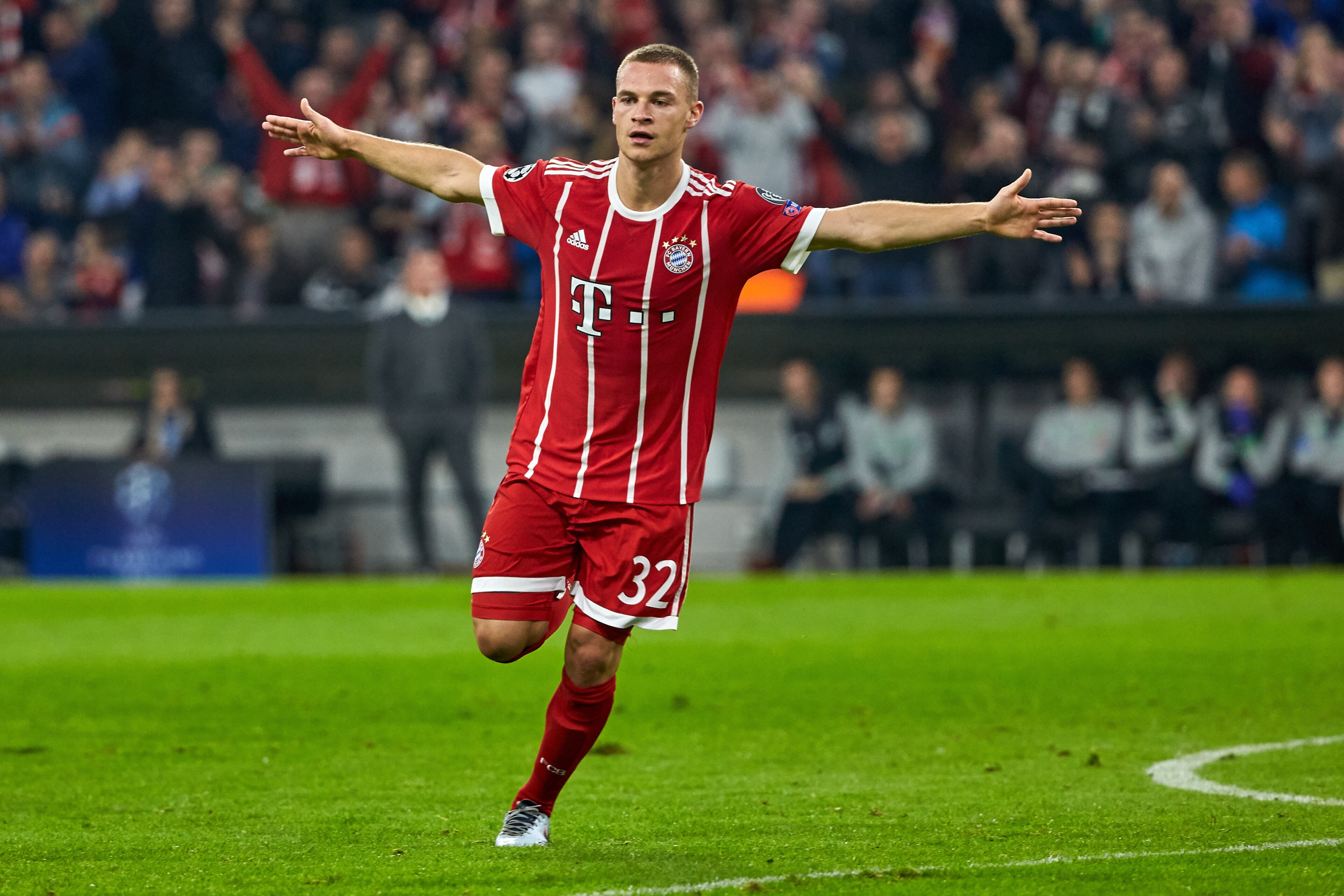 MUNICH, GERMANY - OCTOBER 18: Joshua Kimmich of Bayern Muenchen celebrates after scoring his team`s second goal during the UEFA Champions League group B match between Bayern Muenchen and Celtic FC at Allianz Arena on October 18, 2017 in Munich, Germany. (