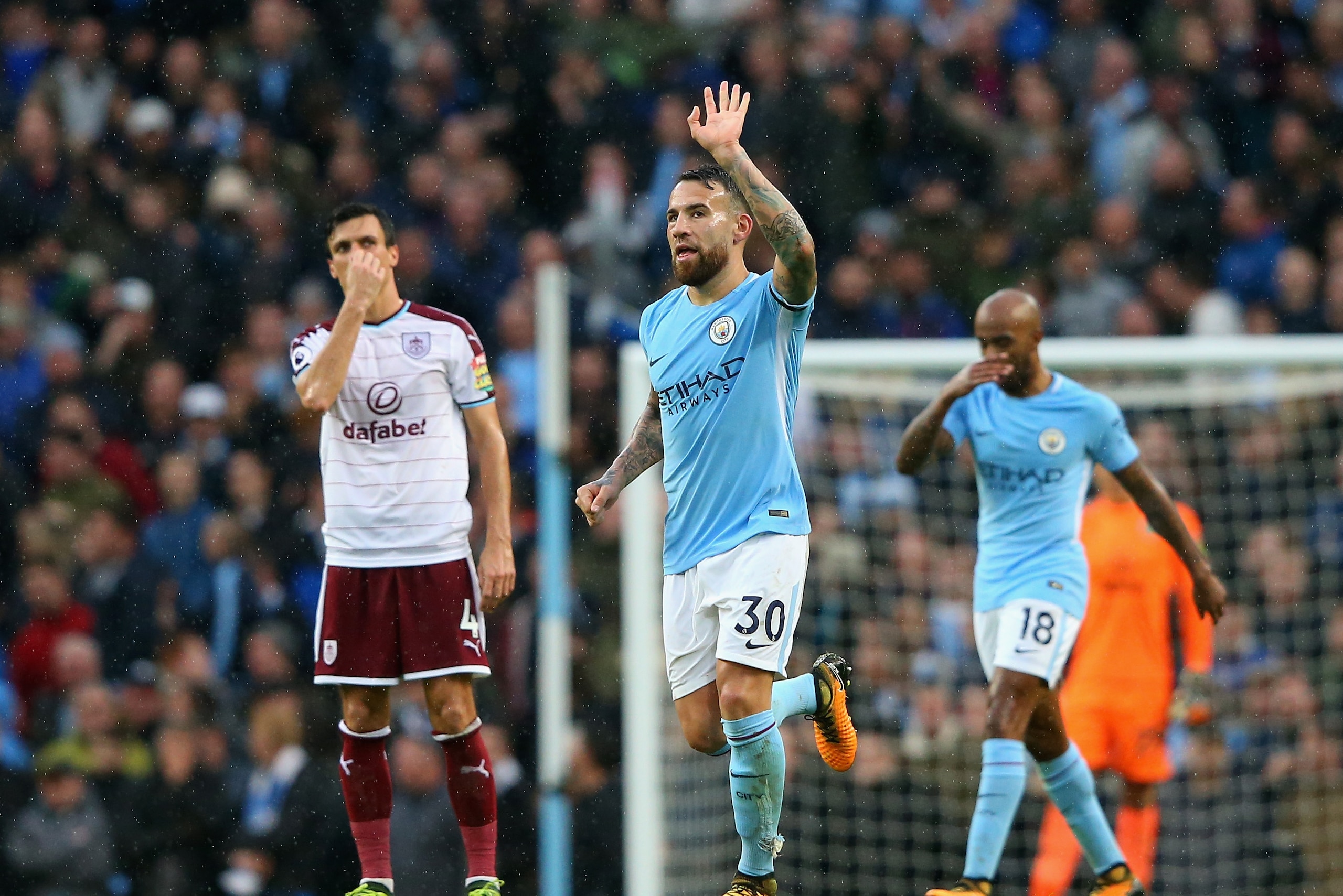 MANCHESTER, ENGLAND - OCTOBER 21:  Nicolas Otamendi of Manchester City celebrates as he scores their second goal with a header during the Premier League match between Manchester City and Burnley at Etihad Stadium on October 21, 2017 in Manchester, England