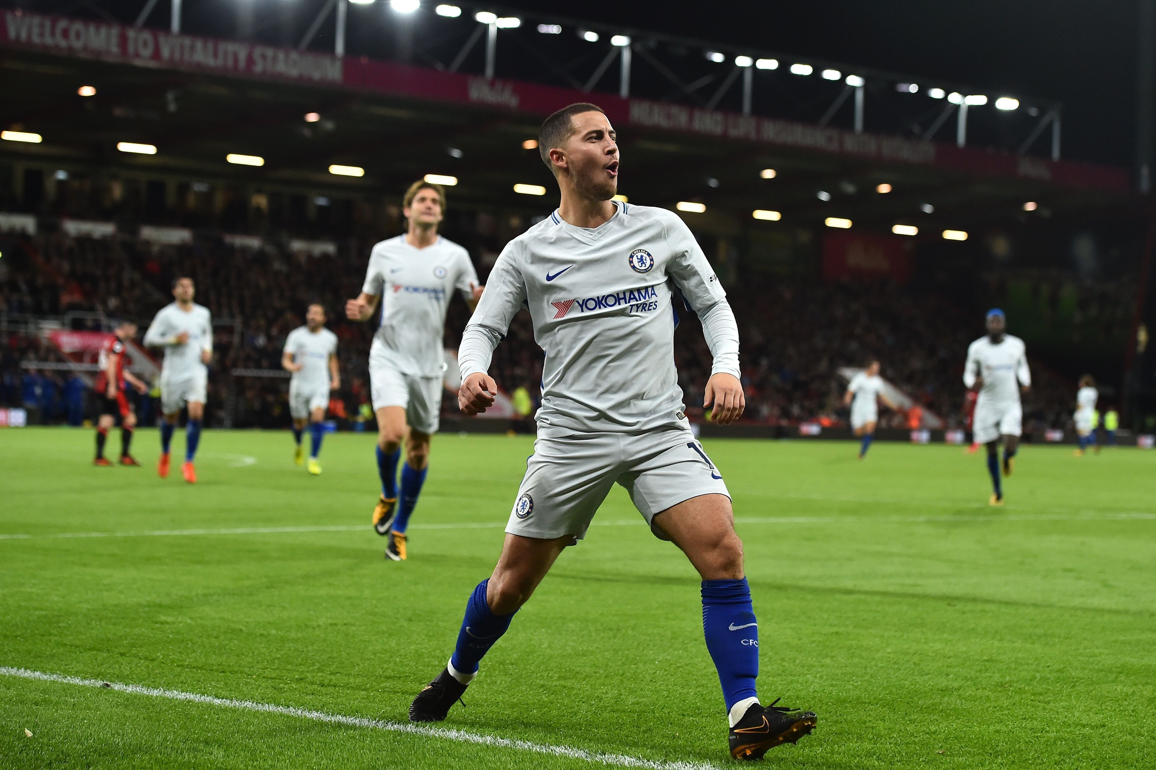 Chelsea's Belgian midfielder Eden Hazard celebrates after scoring the opening goal of the English Premier League football match between Bournemouth and Chelsea at the Vitality Stadium in Bournemouth, southern England on October 28, 2017. / AFP PHOTO / Gly