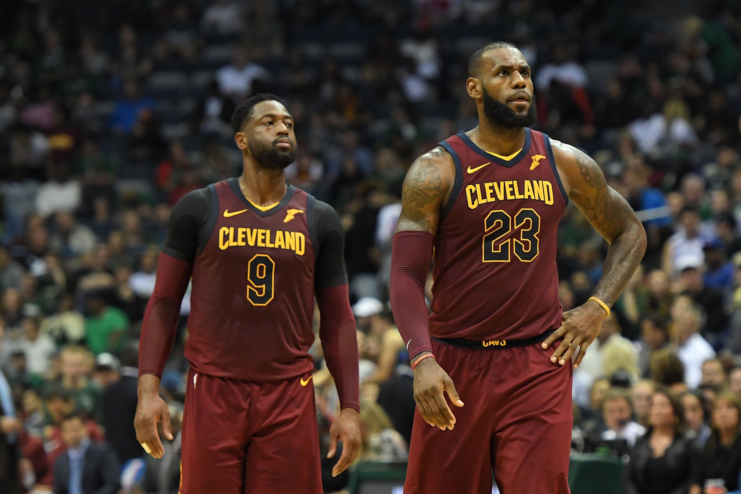 MILWAUKEE, WI - OCTOBER 20:  Dwyane Wade #9 and LeBron James #23 of the Cleveland Cavaliers walk backcourt during a game against the Milwaukee Bucks at the Bradley Center on October 20, 2017 in Milwaukee, Wisconsin.  NOTE TO USER: User expressly acknowled