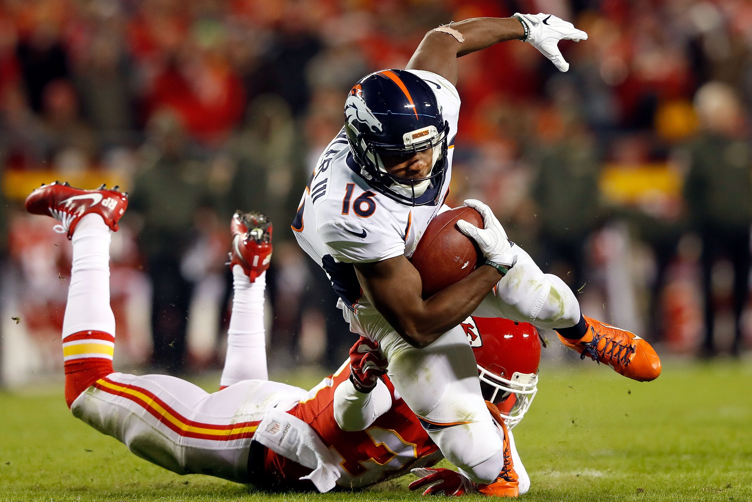 KANSAS CITY, MO - OCTOBER 30: Wide receiver Bennie Fowler #16 of the Denver Broncos is tackled by free safety Ron Parker #38 of the Kansas City Chiefs during the game at Arrowhead Stadium on October 30, 2017 in Kansas City, Missouri. (Photo by Jamie Squ KANSAS CITY, MO - OCTOBER 30: Wide receiver Bennie Fowler #16 of the Denver Broncos is tackled by free safety Ron Parker #38 of the Kansas City Chiefs during the game at Arrowhead Stadium on October 30, 2017 in Kansas City, Missouri. (Photo by Jamie Squ