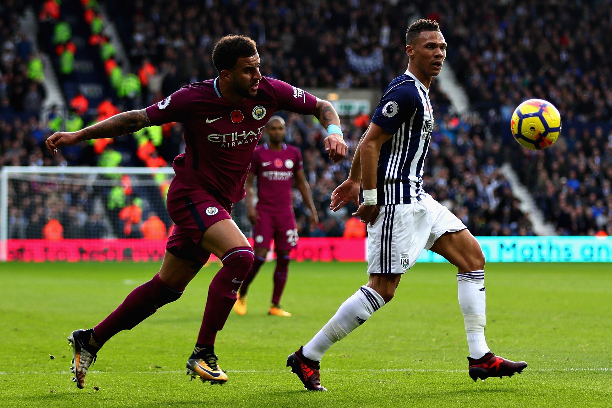 WEST BROMWICH, ENGLAND - OCTOBER 28: Kyle Walker of Manchester City and Kieran Gibbs of West Bromwich Albion in action during the Premier League match between West Bromwich Albion and Manchester City at The Hawthorns on October 28, 2017 in West Bromwich, 