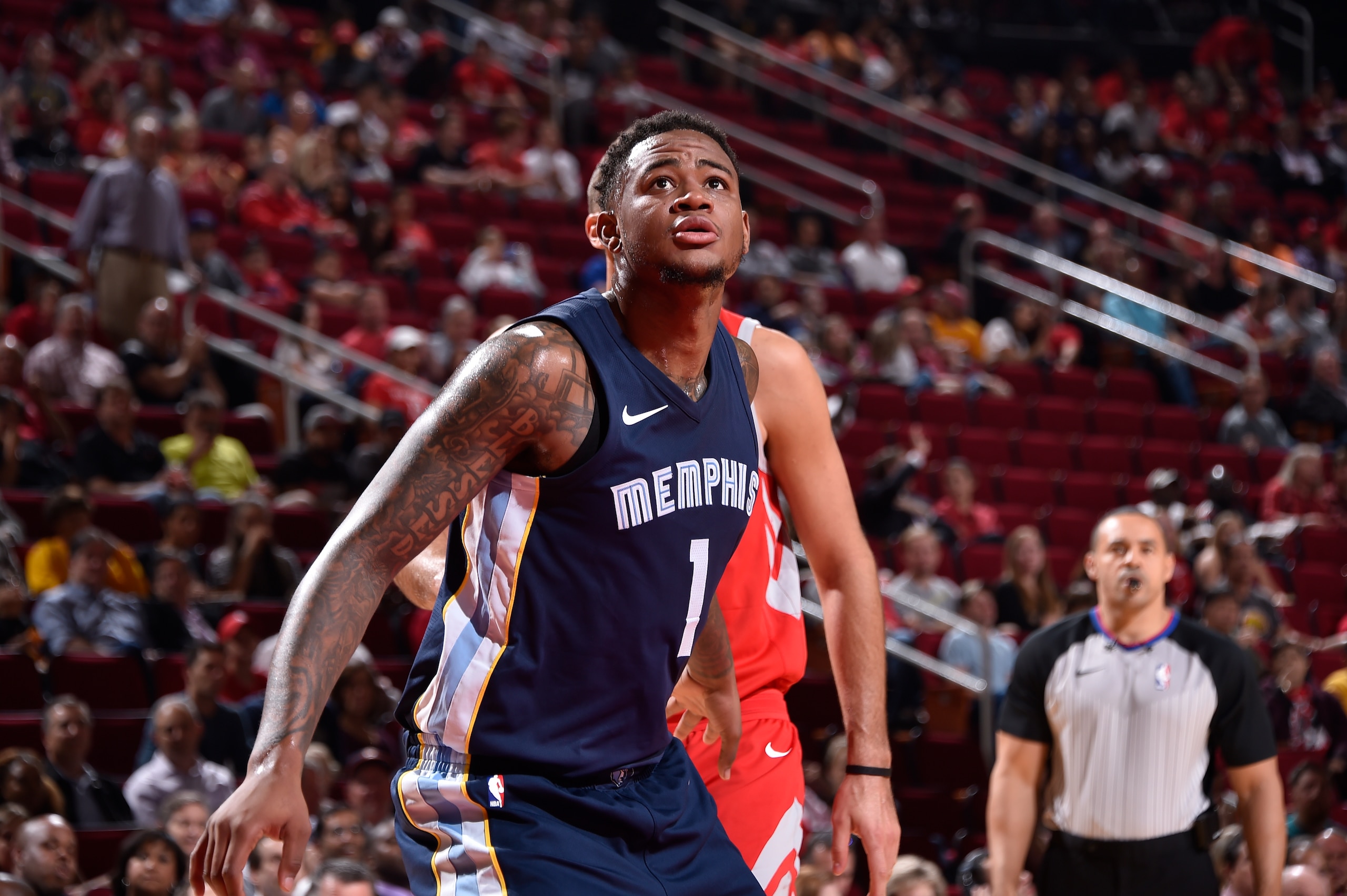 HOUSTON, TX - OCTOBER 23:  Jarell Martin #1 of the Memphis Grizzlies looks on during the game against the Houston Rockets on October 23, 2017 at the Toyota Center in Houston, Texas. NOTE TO USER: User expressly acknowledges and agrees that, by downloading
