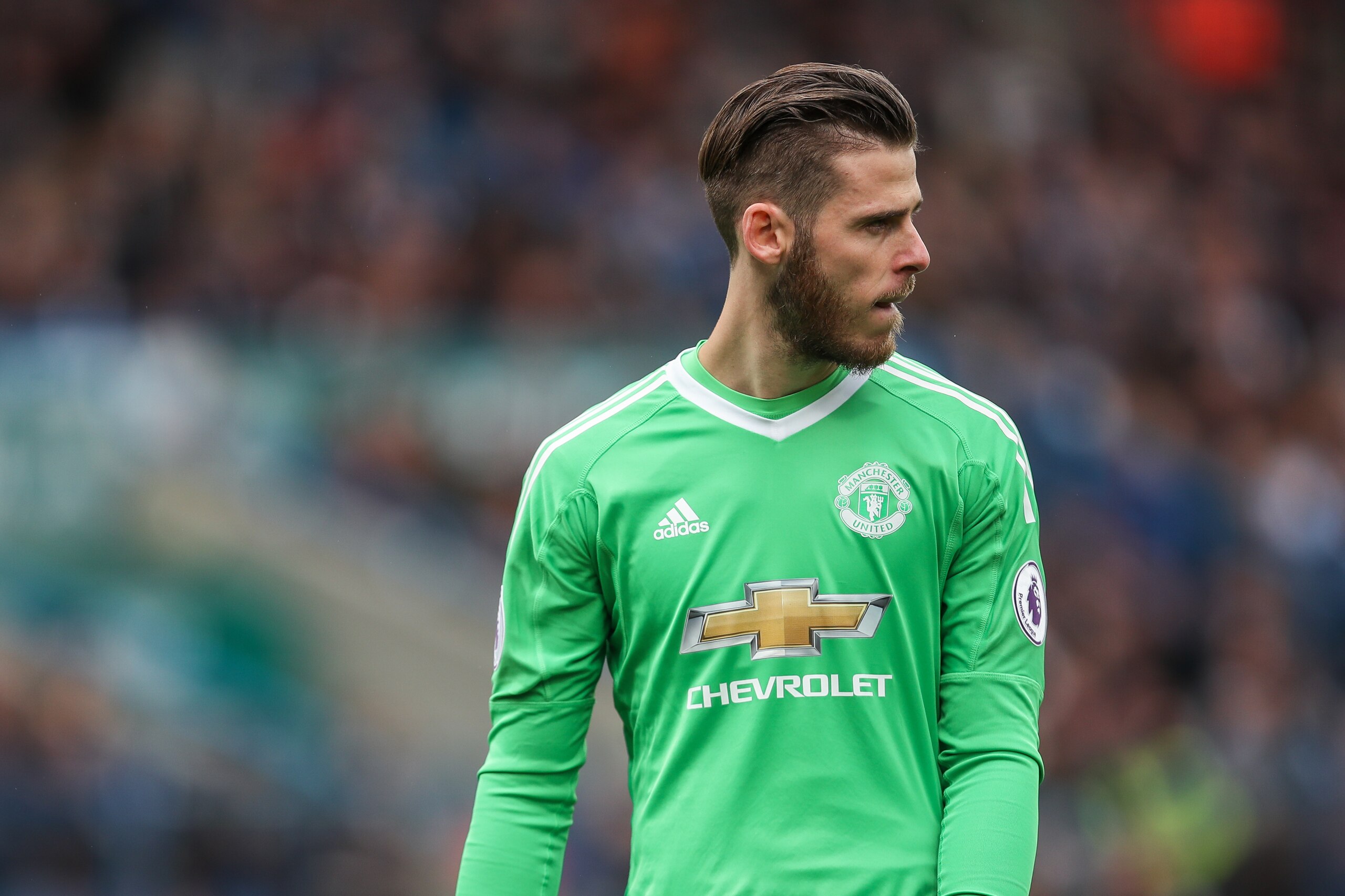 HUDDERSFIELD, ENGLAND - OCTOBER 21: David de Gea of Manchester United reacts after conceding during the Premier League match between Huddersfield Town and Manchester United at John Smith's Stadium on October 21, 2017 in Huddersfield, England. (Photo by Ro