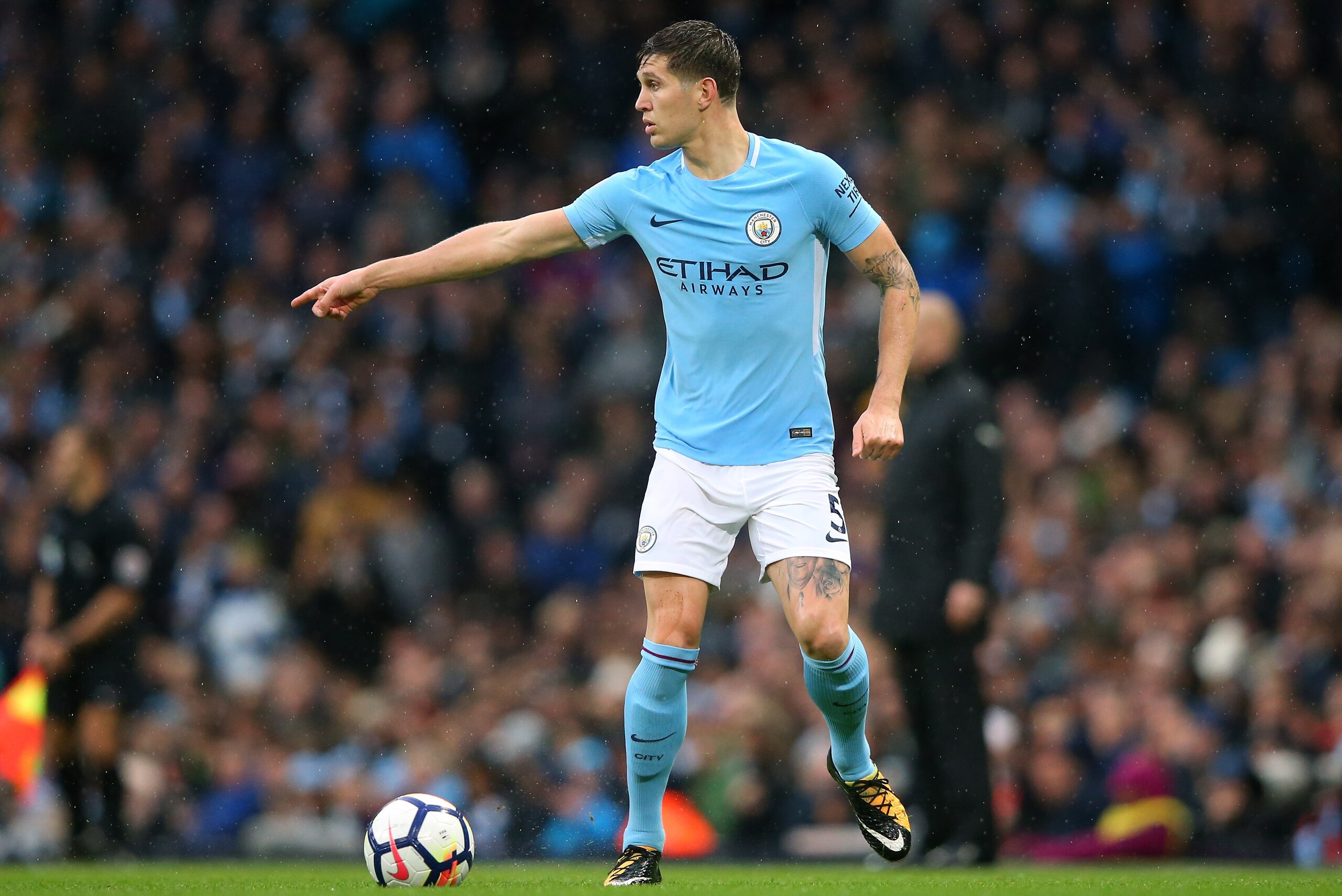 MANCHESTER, ENGLAND - OCTOBER 21:  John Stones of Manchester City during the Premier League match between Manchester City and Burnley at Etihad Stadium on October 21, 2017 in Manchester, England.  (Photo by Alex Livesey/Getty Images)