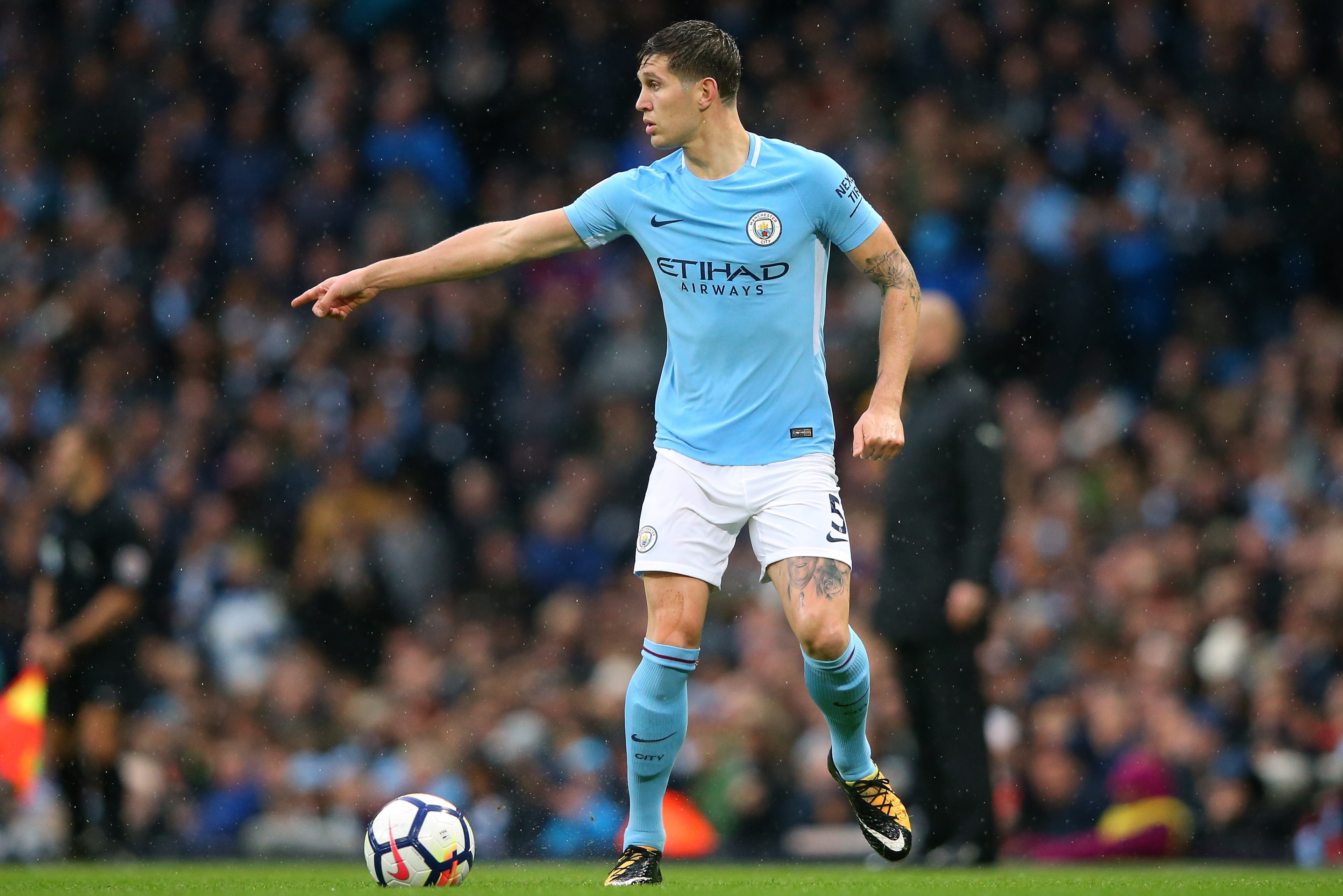 MANCHESTER, ENGLAND - OCTOBER 21:  John Stones of Manchester City during the Premier League match between Manchester City and Burnley at Etihad Stadium on October 21, 2017 in Manchester, England.  (Photo by Alex Livesey/Getty Images)