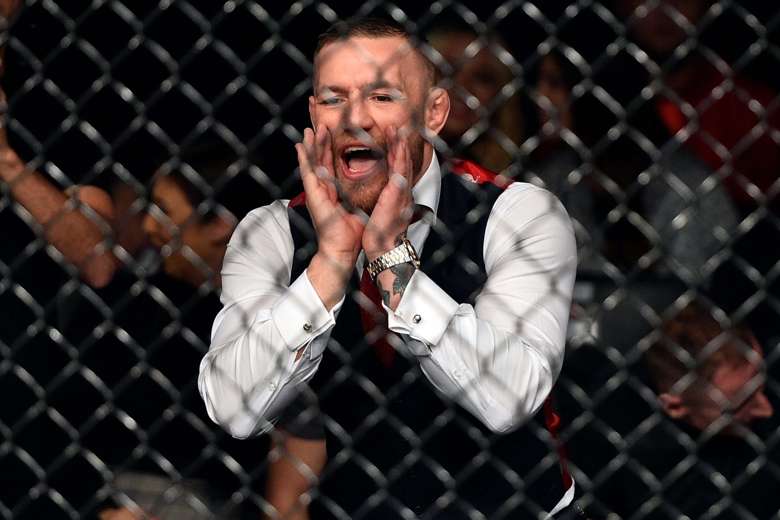GDANSK, POLAND - OCTOBER 21:  UFC lightweight champion Conor McGregor cheers on teammate Artem Lobov in his featherweight bout against Andre Fili during the UFC Fight Night event inside Ergo Arena on October 21, 2017 in Gdansk, Poland. (Photo by Jeff Bott
