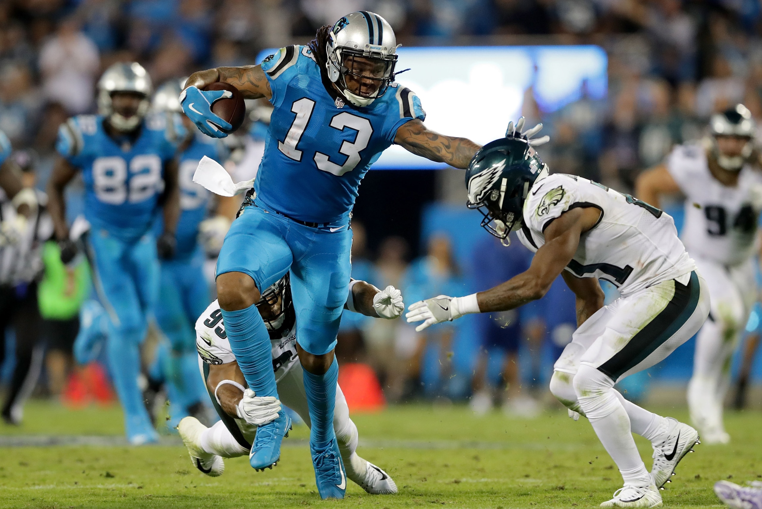 CHARLOTTE, NC - OCTOBER 12: Kelvin Benjamin #13 of the Carolina Panthers runs the ball against Patrick Robinson #21 of the Philadelphia Eagles in the third quarter during their game at Bank of America Stadium on October 12, 2017 in Charlotte, North Carol CHARLOTTE, NC - OCTOBER 12: Kelvin Benjamin #13 of the Carolina Panthers runs the ball against Patrick Robinson #21 of the Philadelphia Eagles in the third quarter during their game at Bank of America Stadium on October 12, 2017 in Charlotte, North Carol