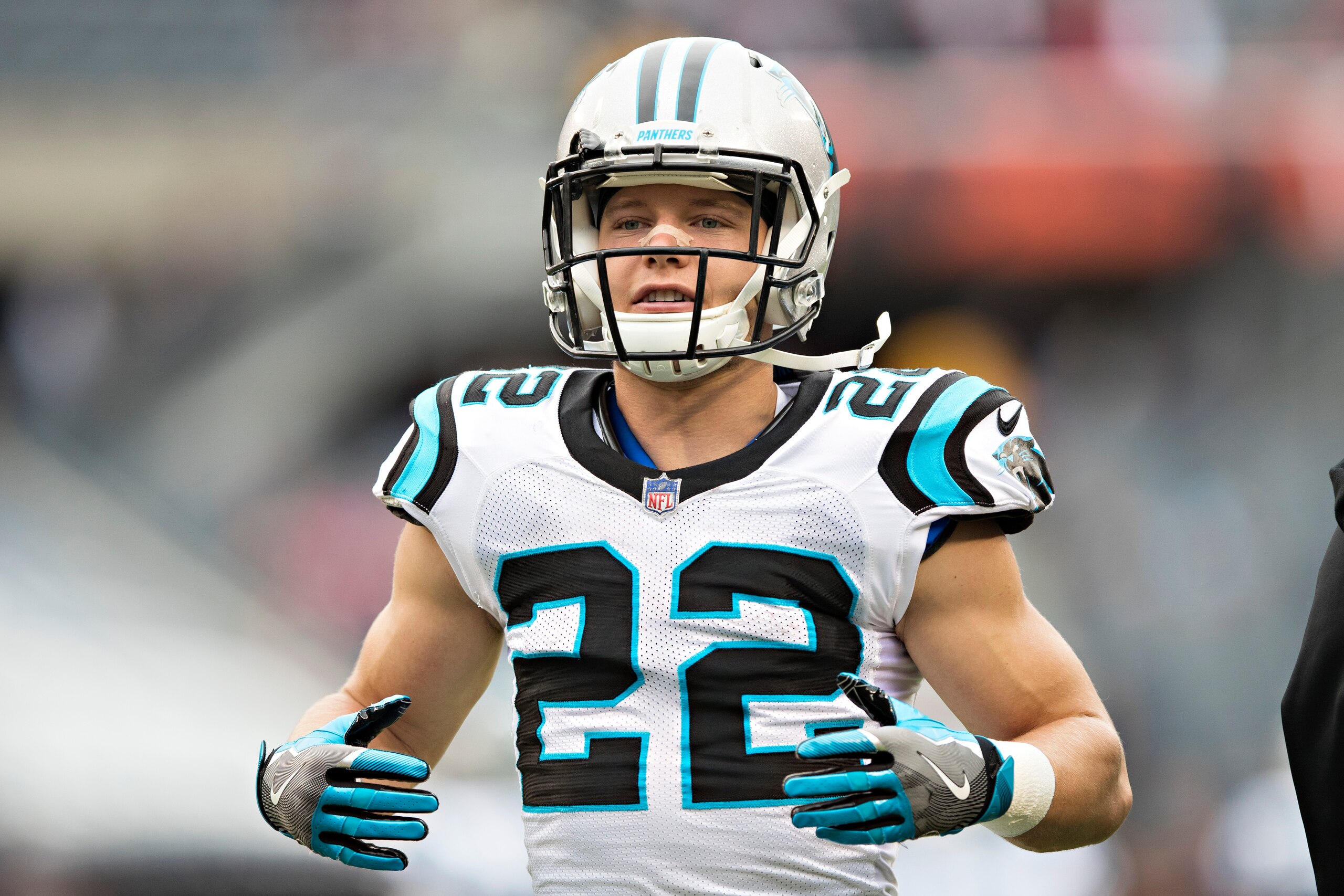 CHICAGO, IL - OCTOBER 22:  Christian McCaffrey #22 of the Carolina Panthers warming up before a game against the Chicago Bears at Soldier Field on October 22, 2017 in Chicago, Illinois.  The Bears defeated the Panthers 17-3.  (Photo by Wesley Hitt/Getty I