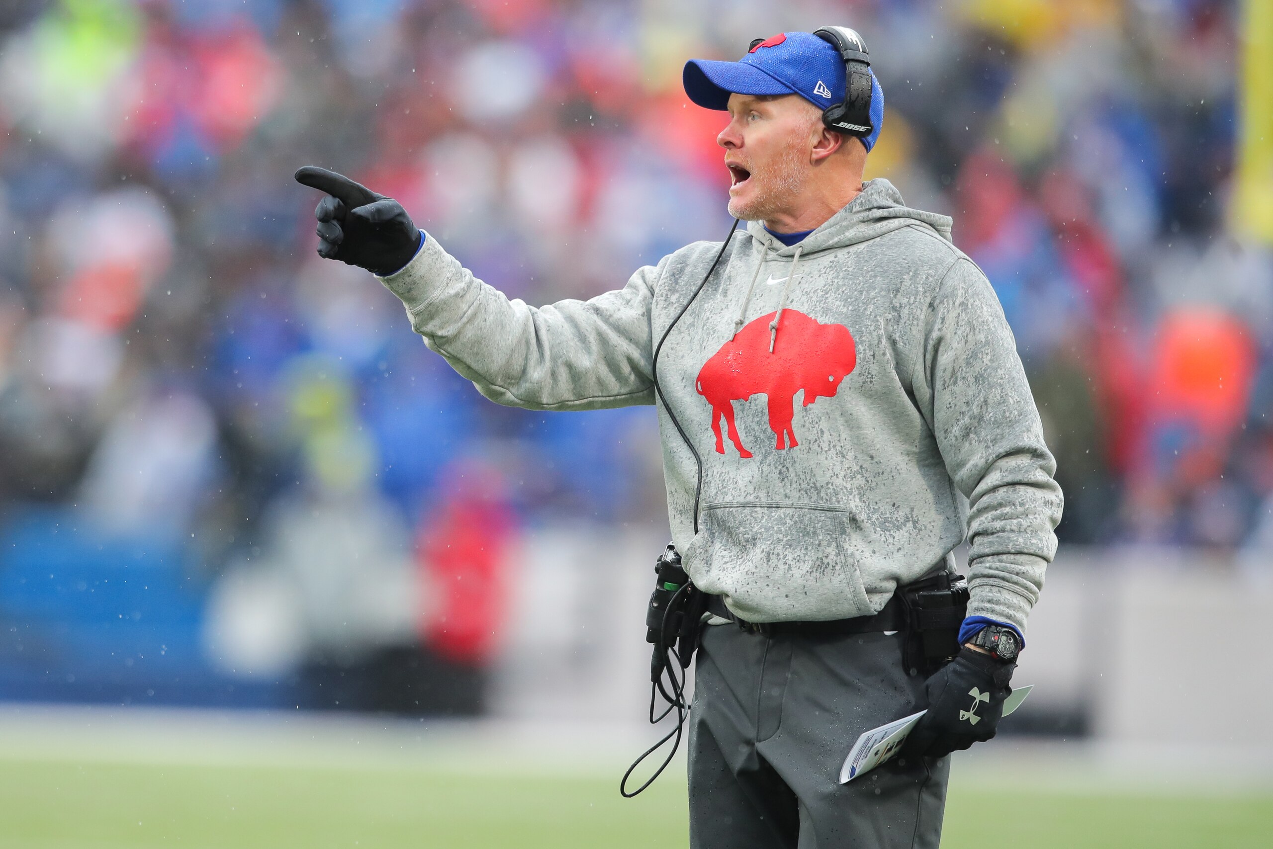 ORCHARD PARK, NY - OCTOBER 29:  Head Coach Sean McDermott of the Buffalo Bills yells during the first quarter of an NFL game against the Oakland Raiders on October 29, 2017 at New Era Field in Orchard Park, New York.  (Photo by Brett Carlsen/Getty Images)