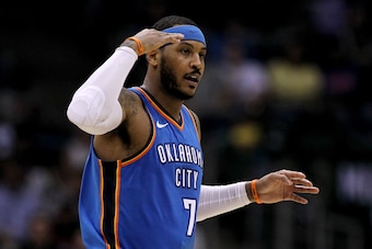 MILWAUKEE, WI - OCTOBER 31:  Carmelo Anthony #7 of the Oklahoma City Thunder celebrates in the fourth quarter against the Milwaukee Bucks at Bradley Center on October 31, 2017 in Milwaukee, Wisconsin. NOTE TO USER: User expressly acknowledges and agrees t