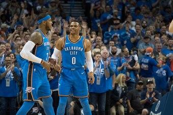 OKLAHOMA CITY, OK - OCTOBER 19: Carmelo Anthony #7 of the Oklahoma City Thunder and Russell Westbrook #0 of the Oklahoma City Thunder during the first half of a NBA  game agains the New York Knicks  at the Chesapeake Energy Arena on October 19, 2017 in Ok
