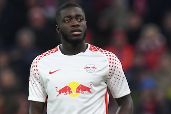 Leipzig's French defender Dayot Upamecano reacts during the German first division Bundesliga football match Bayern Munich vs RB Leipzig in Munich, southern Germany, on October 28, 2017. / AFP PHOTO / Christof STACHE / RESTRICTIONS: DURING MATCH TIME: DFL 