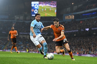MANCHESTER, ENGLAND - OCTOBER 24: Kyle Walker of Manchester City and Ruben Vinagre of Wolverhampton Wanderers during the Carabao Cup Fourth Round match between Manchester City and Wolverhampton Wanderers at Etihad Stadium on October 24, 2017 in Manchester