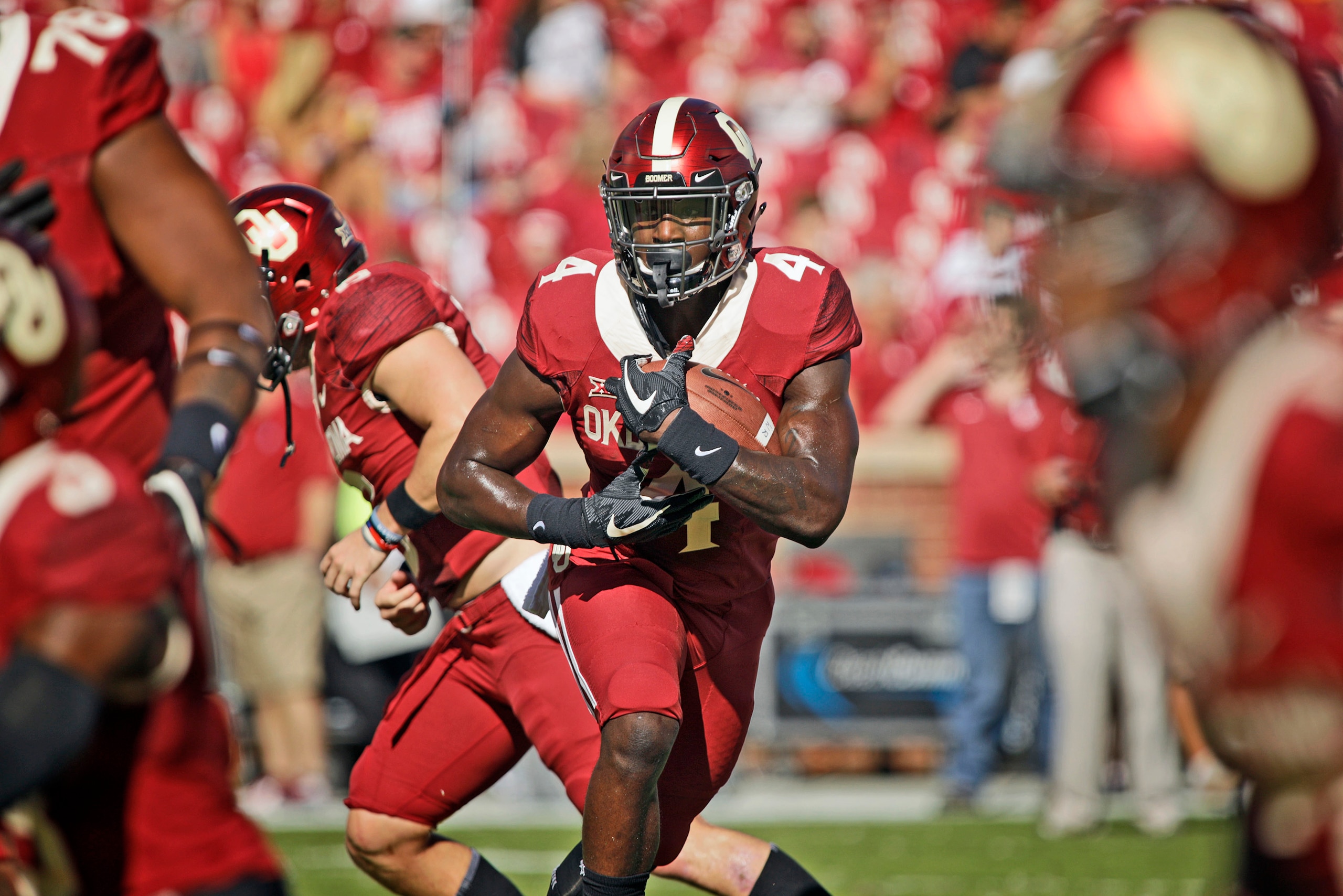 NORMAN, OK - OCTOBER 07: Running back Trey Sermon #4 of the Oklahoma Sooners warms up before the game against the Iowa State Cyclones at Gaylord Family Oklahoma Memorial Stadium on October 7, 2017 in Norman, Oklahoma. Iowa State defeated Oklahoma 38-31. (