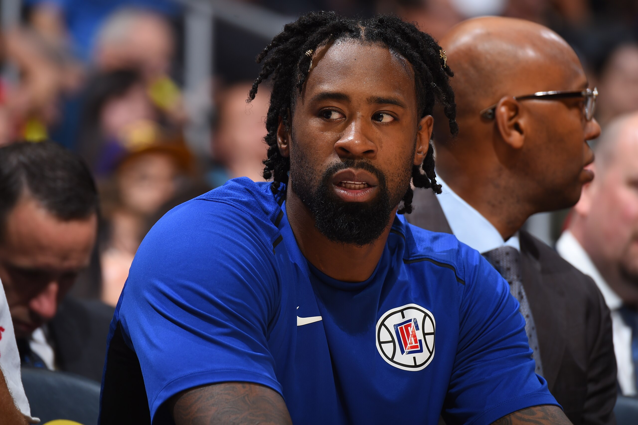 LOS ANGELES, CA - OCTOBER 24: DeAndre Jordan #6 of the LA Clippers looks on during the game against the Utah Jazz on October 24, 2017 at STAPLES Center in Los Angeles, California. NOTE TO USER: User expressly acknowledges and agrees that, by downloading a LOS ANGELES, CA - OCTOBER 24: DeAndre Jordan #6 of the LA Clippers looks on during the game against the Utah Jazz on October 24, 2017 at STAPLES Center in Los Angeles, California. NOTE TO USER: User expressly acknowledges and agrees that, by downloading a