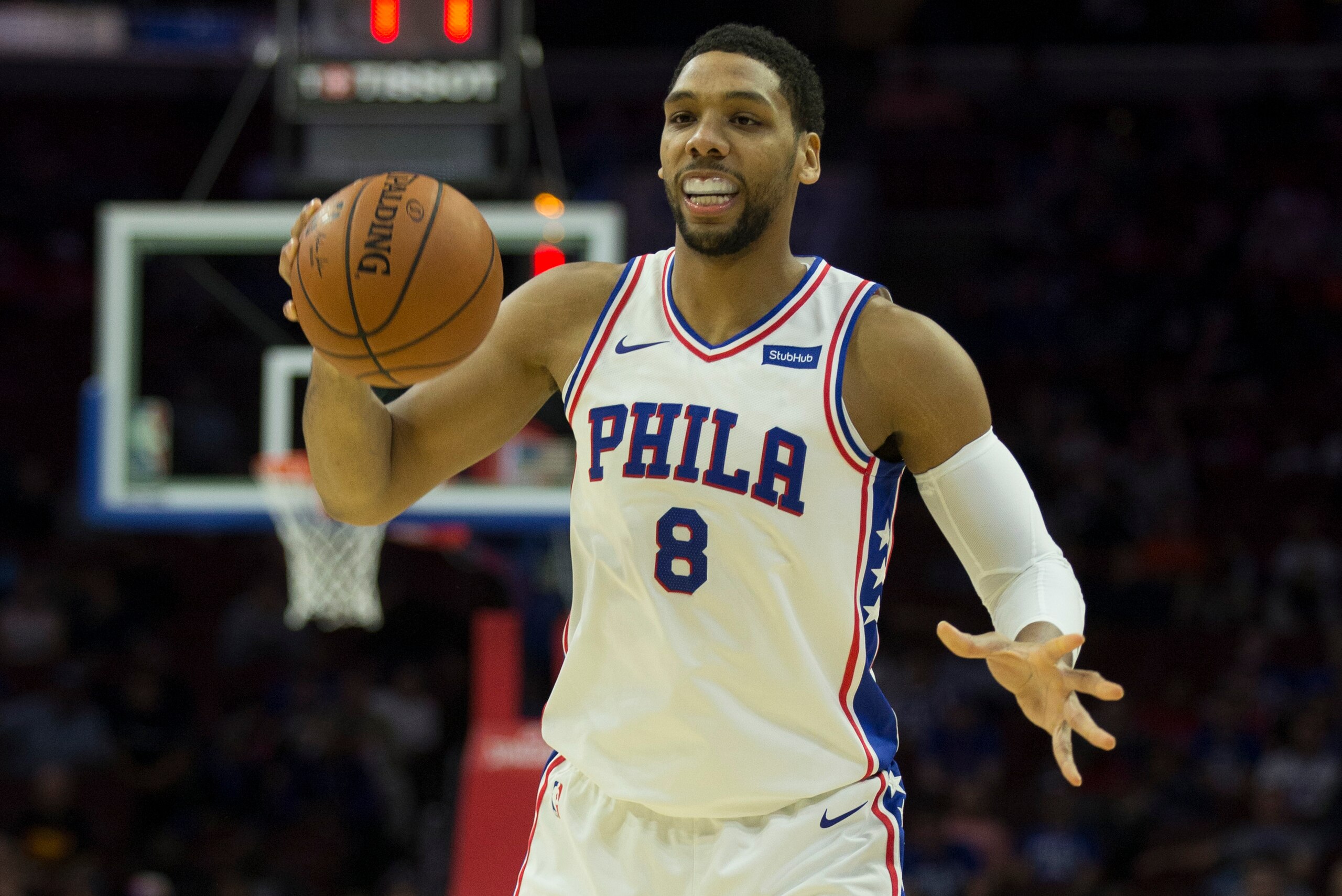 PHILADELPHIA, PA - OCTOBER 04: Jahlil Okafor #8 of the Philadelphia 76ers controls the ball against the Memphis Grizzlies during the preseason game at the Wells Fargo Center on October 4, 2017 in Philadelphia, Pennsylvania. NOTE TO USER: User expressly ac PHILADELPHIA, PA - OCTOBER 04: Jahlil Okafor #8 of the Philadelphia 76ers controls the ball against the Memphis Grizzlies during the preseason game at the Wells Fargo Center on October 4, 2017 in Philadelphia, Pennsylvania. NOTE TO USER: User expressly ac
