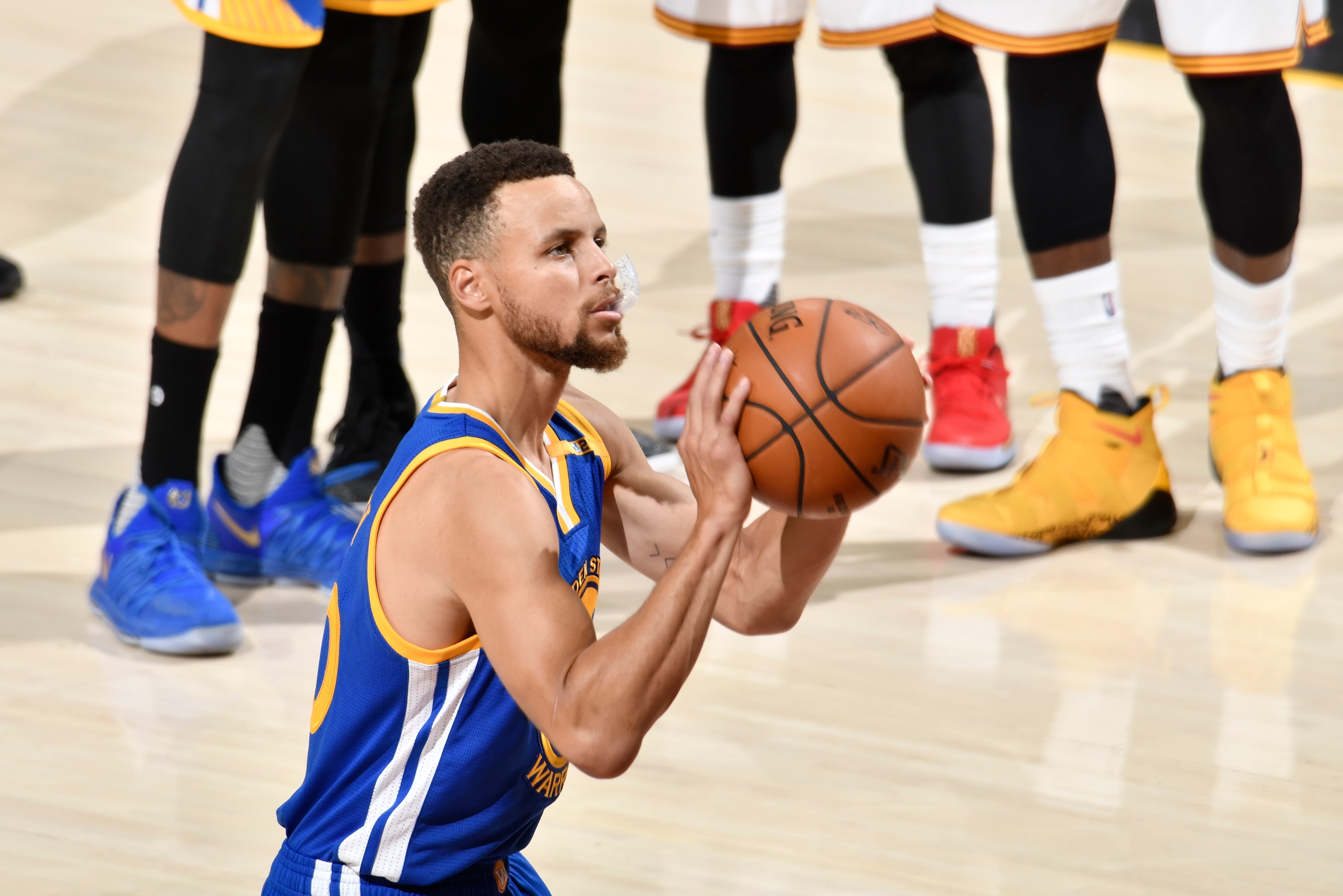 CLEVELAND, OH - JUNE 9:  Stephen Curry #30 of the Golden State Warriors attempts a free throw against the Cleveland Cavaliers in Game Four of the 2017 NBA Finals on June 9, 2017 at The Quicken Loans Arena in Cleveland, Ohio. NOTE TO USER: User expressly a