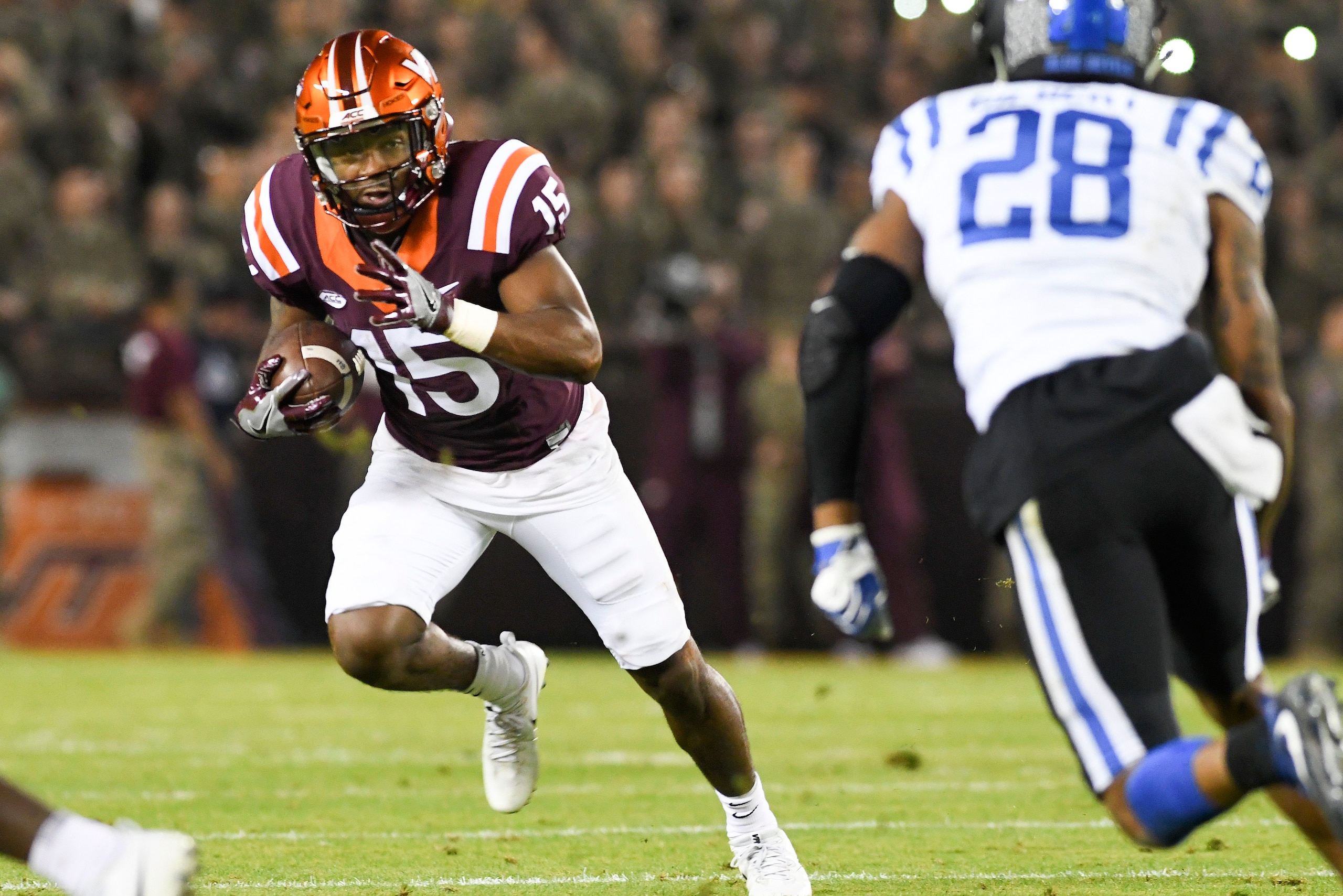 BLACKSBURG, VA - OCTOBER 28: Wide receiver Sean Savoy #15 of the Virginia Tech Hokies carries the ball against the Duke Blue Devils in the first half at Lane Stadium on October 28, 2017 in Blacksburg, Virginia. (Photo by Michael Shroyer/Getty Images)