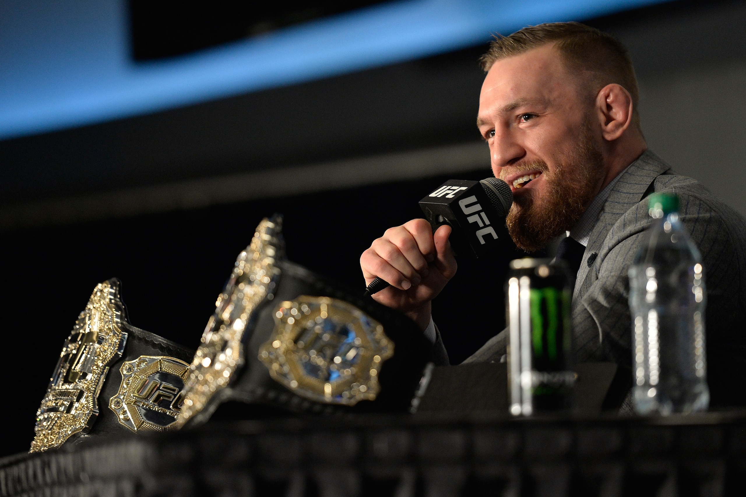 NEW YORK, NY - NOVEMBER 12:  UFC featherweight and lightweight champion Conor McGregor of Ireland speaks to the media during the UFC 205 post fight press conference at Madison Square Garden on November 12, 2016 in New York City. (Photo by Brandon Magnus/Z
