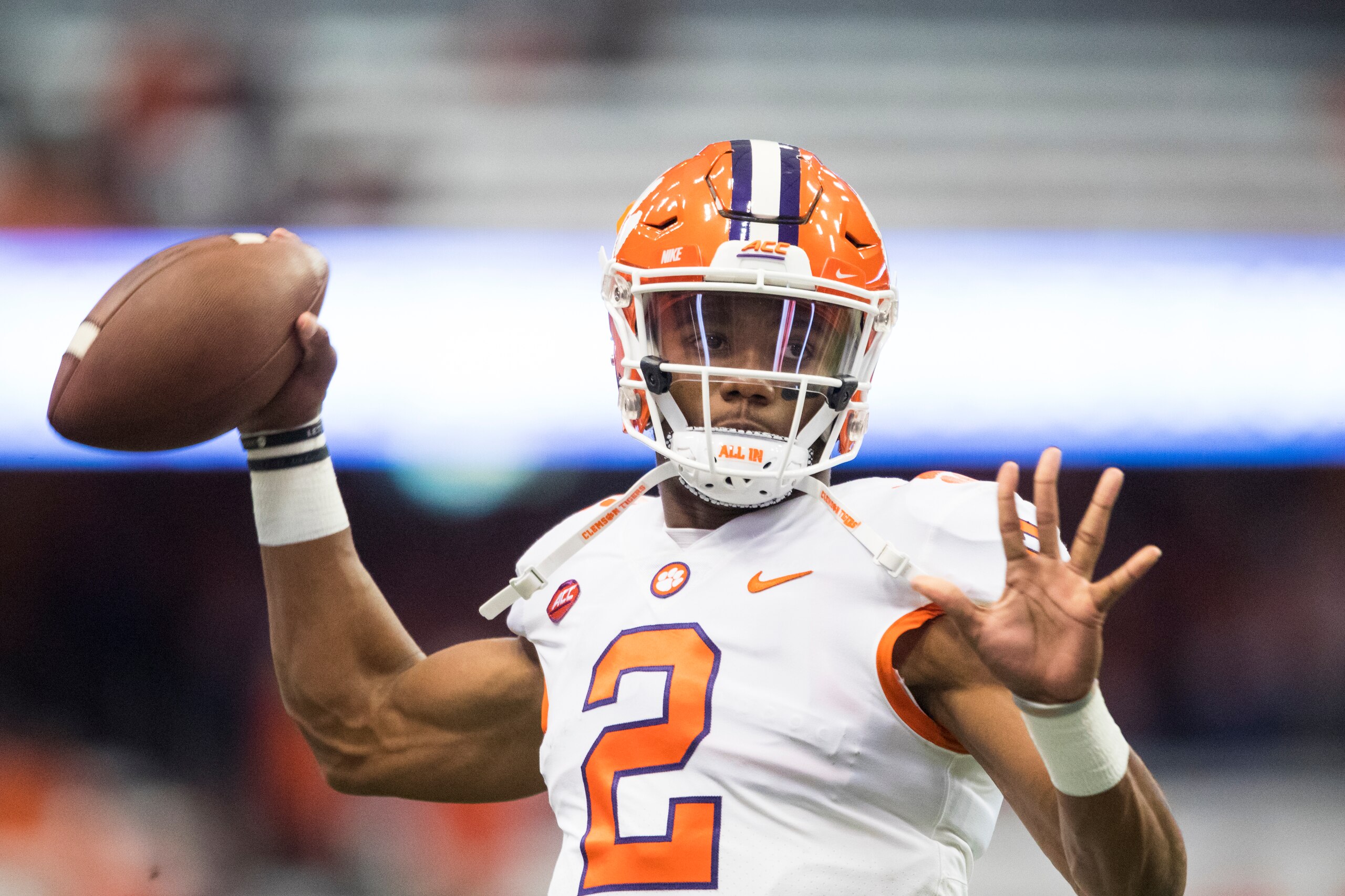SYRACUSE, NY - OCTOBER 13:  Kelly Bryant #2 of the Clemson Tigers warms up before the game against the Syracuse Orange at the Carrier Dome on October 13, 2017 in Syracuse, New York.  (Photo by Brett Carlsen/Getty Images)