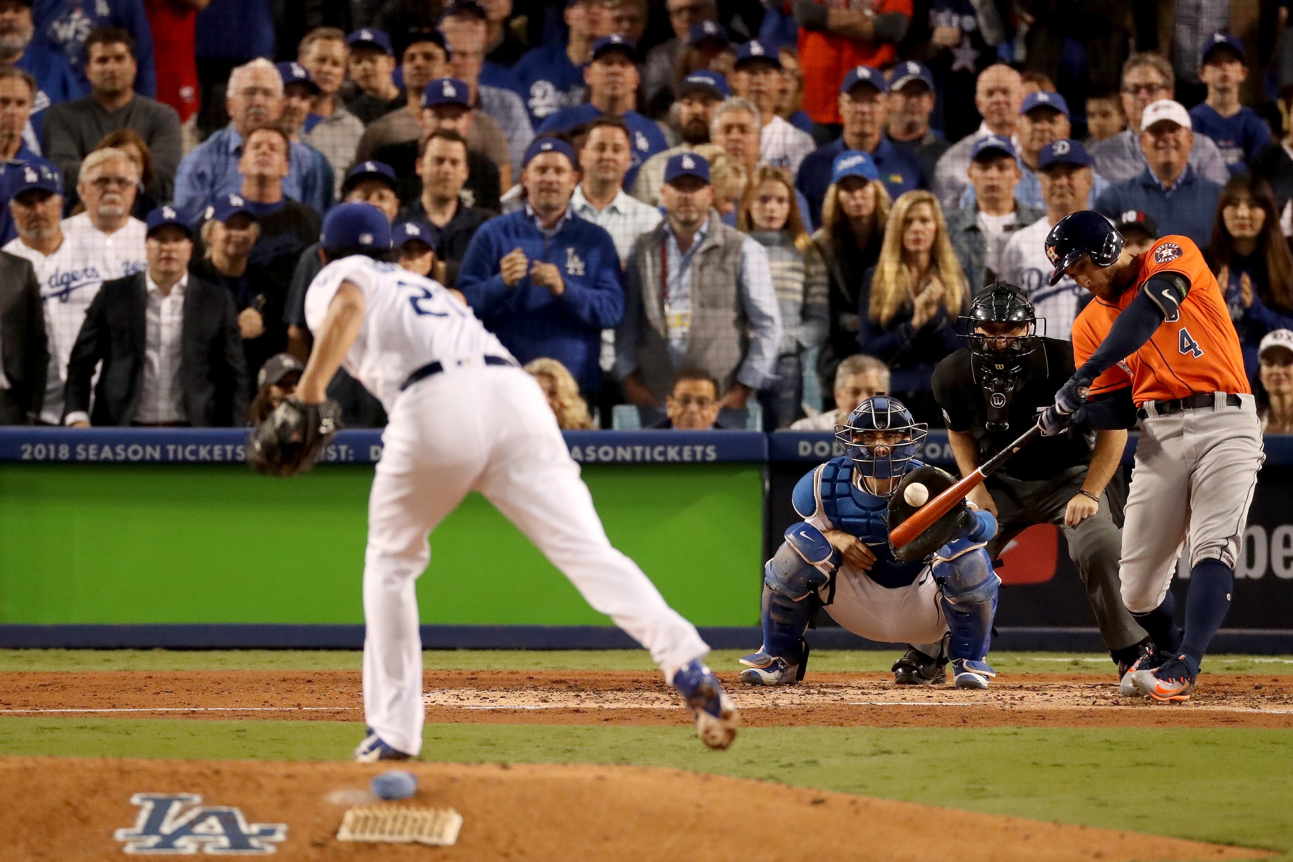 LOS ANGELES, CA - NOVEMBER 01: George Springer #4 of the Houston Astros hits a two-run home run during the second inning against the Los Angeles Dodgers in game seven of the 2017 World Series at Dodger Stadium on November 1, 2017 in Los Angeles, Californ LOS ANGELES, CA - NOVEMBER 01: George Springer #4 of the Houston Astros hits a two-run home run during the second inning against the Los Angeles Dodgers in game seven of the 2017 World Series at Dodger Stadium on November 1, 2017 in Los Angeles, Californ