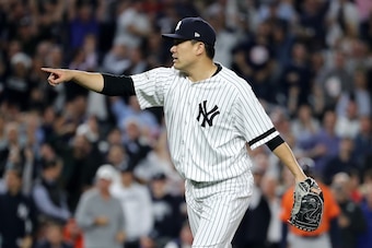 NEW YORK, NY - OCTOBER 18:  Masahiro Tanaka #19 of the New York Yankees reacts after the end of the top of the seventh inning against the Houston Astros in Game Five of the American League Championship Series at Yankee Stadium on October 18, 2017 in the B