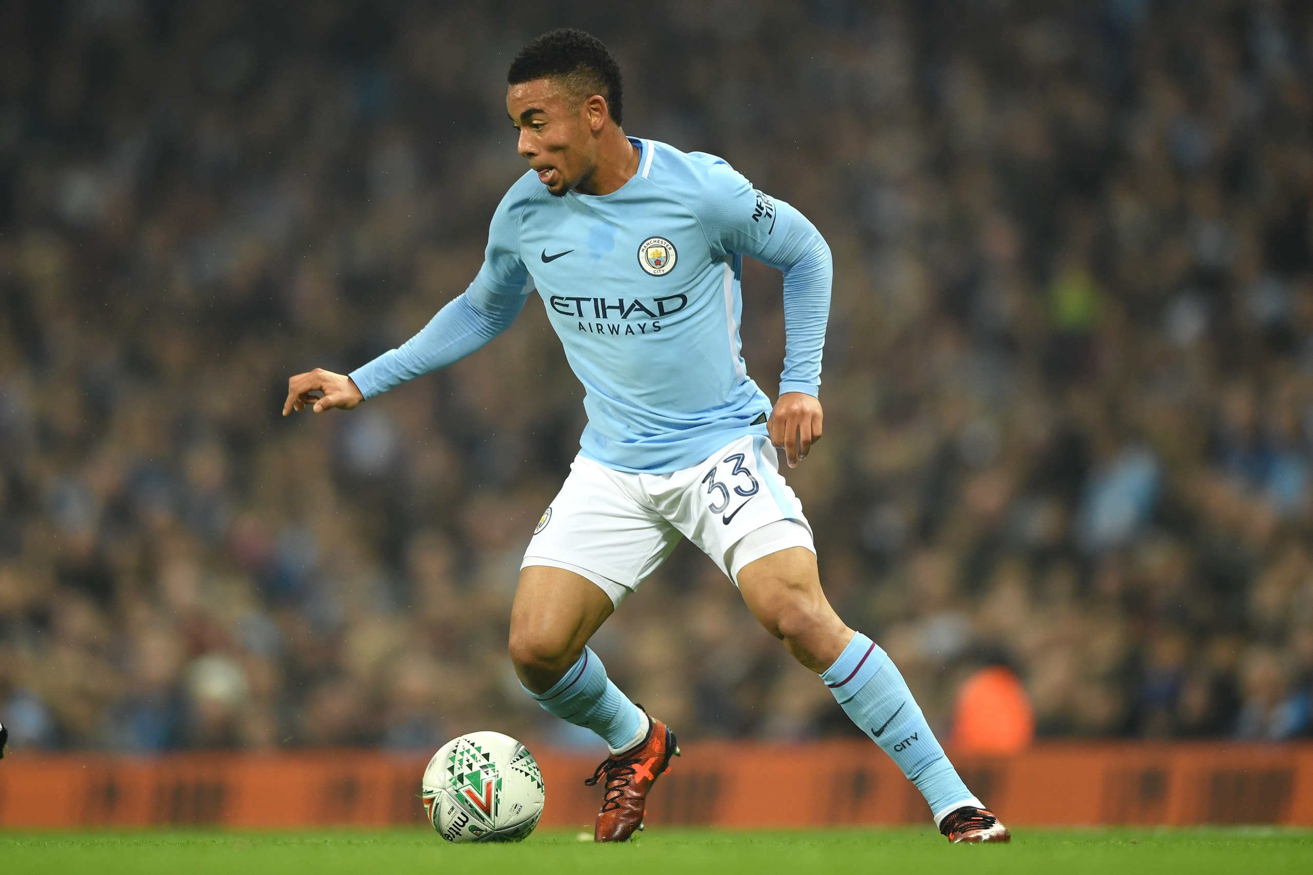MANCHESTER, ENGLAND - OCTOBER 24: Gabriel Jesus of Manchester City during the Carabao Cup Fourth Round match between Manchester City and Wolverhampton Wanderers at Etihad Stadium on October 24, 2017 in Manchester, England. (Photo by Gareth Copley/Getty MANCHESTER, ENGLAND - OCTOBER 24: Gabriel Jesus of Manchester City during the Carabao Cup Fourth Round match between Manchester City and Wolverhampton Wanderers at Etihad Stadium on October 24, 2017 in Manchester, England. (Photo by Gareth Copley/Getty