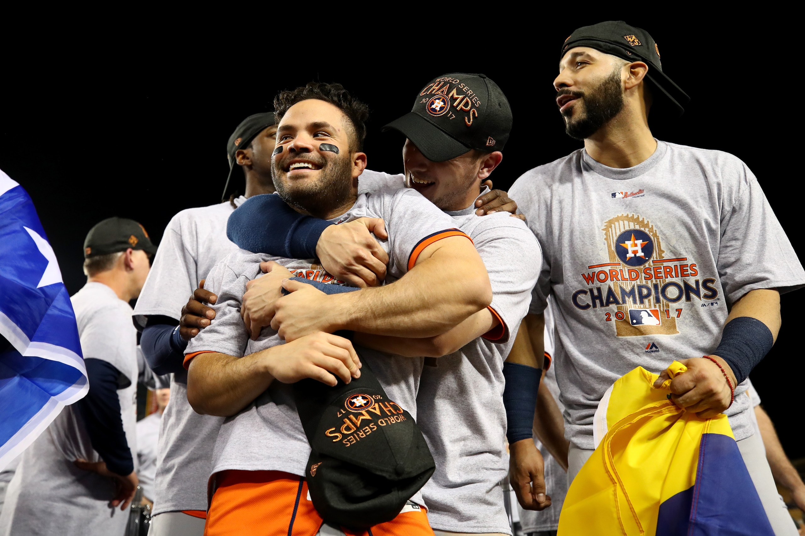 LOS ANGELES, CA - NOVEMBER 01:  Jose Altuve #27 of the Houston Astros celebrates with Alex Bregman #2 after defeating the Los Angeles Dodgers 5-1 in game seven to win the 2017 World Series at Dodger Stadium on November 1, 2017 in Los Angeles, California. 