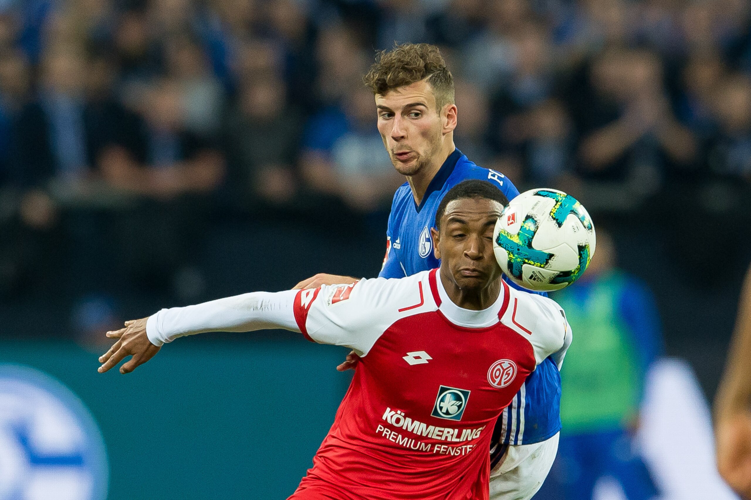 GELSENKIRCHEN, GERMANY - OCTOBER 20: Leon Goretzka of Schalke and Abdou Diallo of Mainz battle for the ball during the Bundesliga match between FC Schalke 04 and 1. FSV Mainz 05 at Veltins-Arena on October 20, 2017 in Gelsenkirchen, Germany. (Photo by TF-